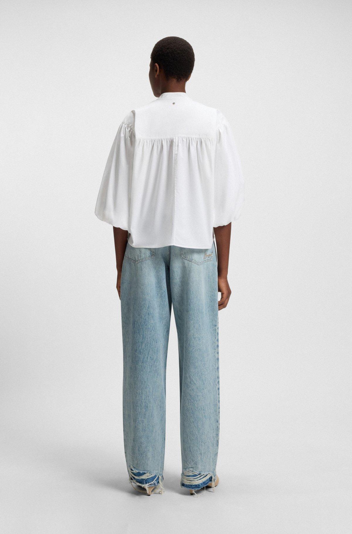 BOSS - Relaxed-fit blouse in cotton poplin with tie neckline - White Product Image