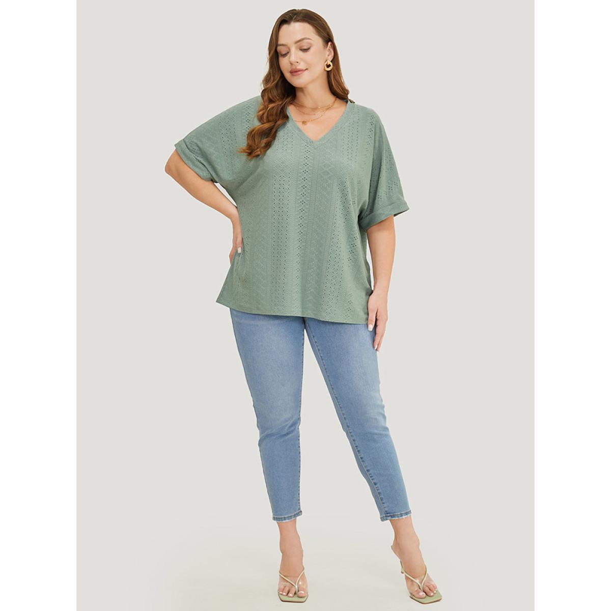 Plus Size Plain Roll Sleeve Broderie Anglaise T-shirt Sage Women Casual Broderie anglaise Plain V-neck Dailywear T-shirts BloomChic 10/M Product Image