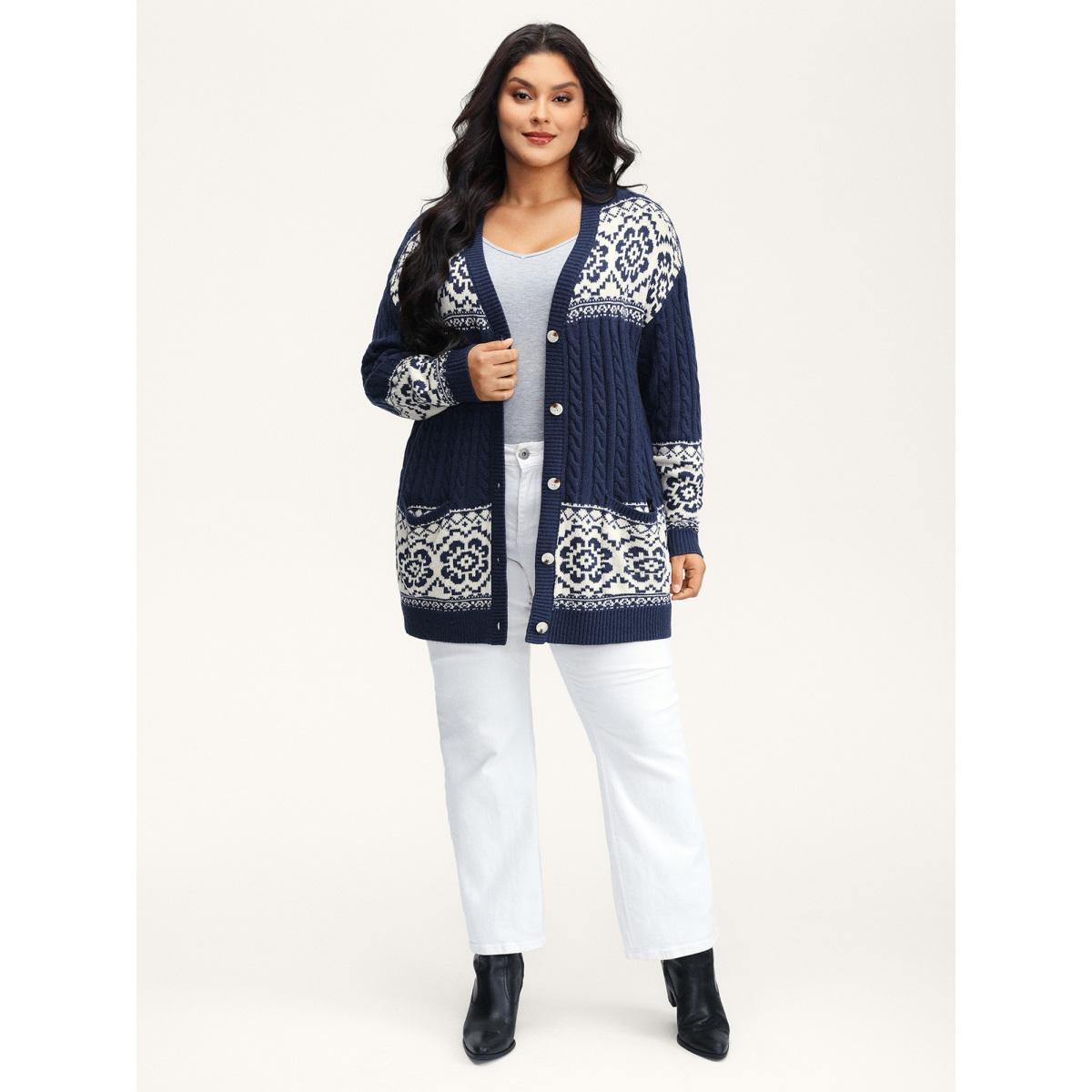 Plus Size Cable Knit Floral Jacquard Pockets Knit Cardigan Indigo Women Leisure Loose Long Sleeve Casual Cardigans BloomChic 22-24/3X Product Image