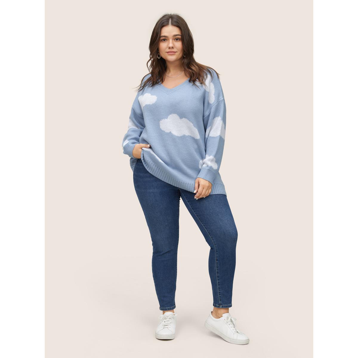 Plus Size Blue Sky White Clouds V Neck Pullover Stone Women Casual Long Sleeve V-neck Everyday Pullovers BloomChic 30/6X Product Image