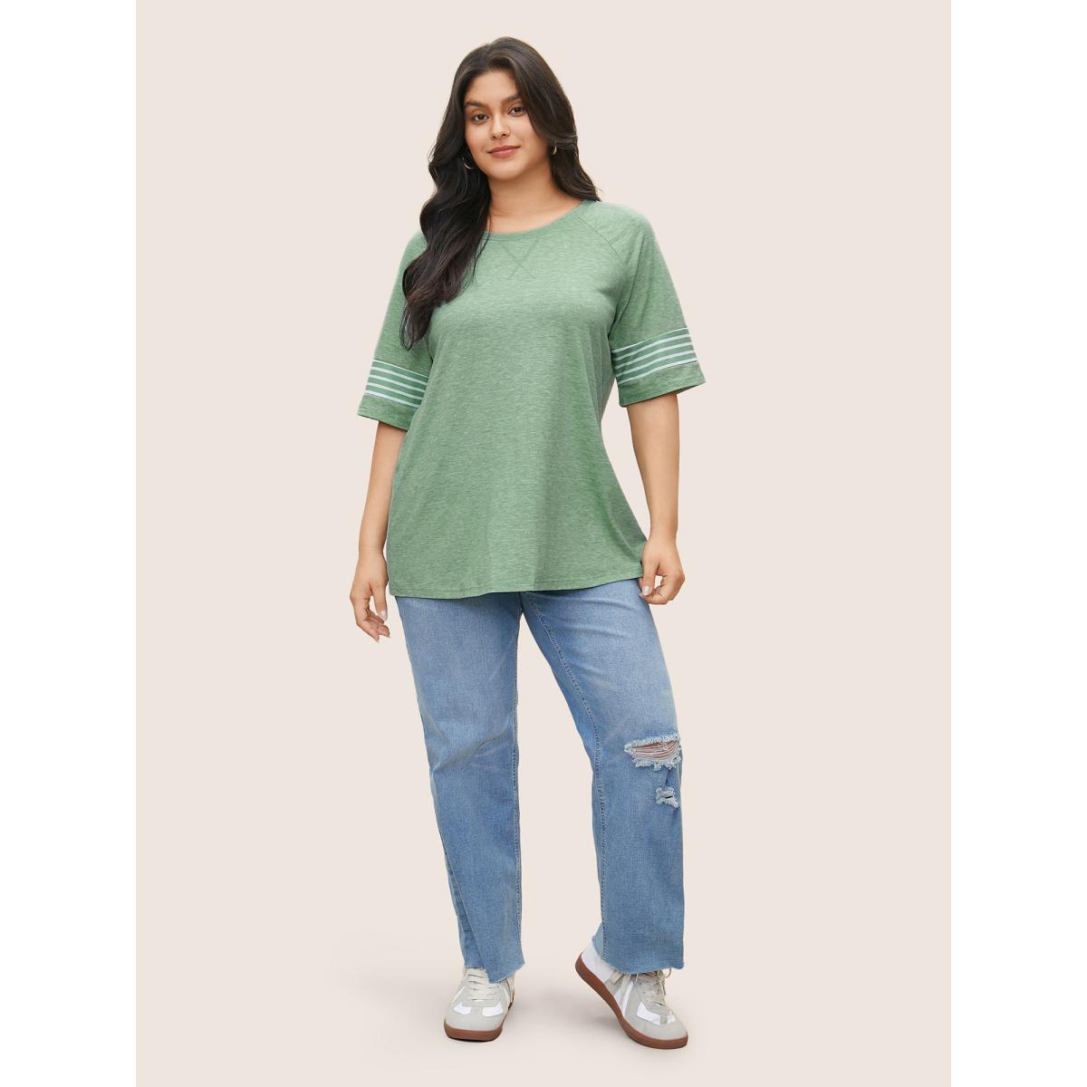 Plus Size Striped Contrast Raglan Sleeve Crew Neck T-shirt Mint Women Casual Plain Everyday T-shirts BloomChic 22-24/3X Product Image