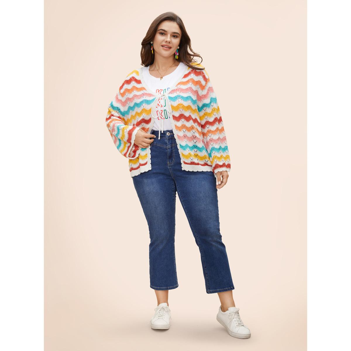 Plus Size Cotton Rainbow Perforated Front Tie Cardigan Multicolor Women Casual Loose Long Sleeve Everyday Cardigans BloomChic 26/4X Product Image