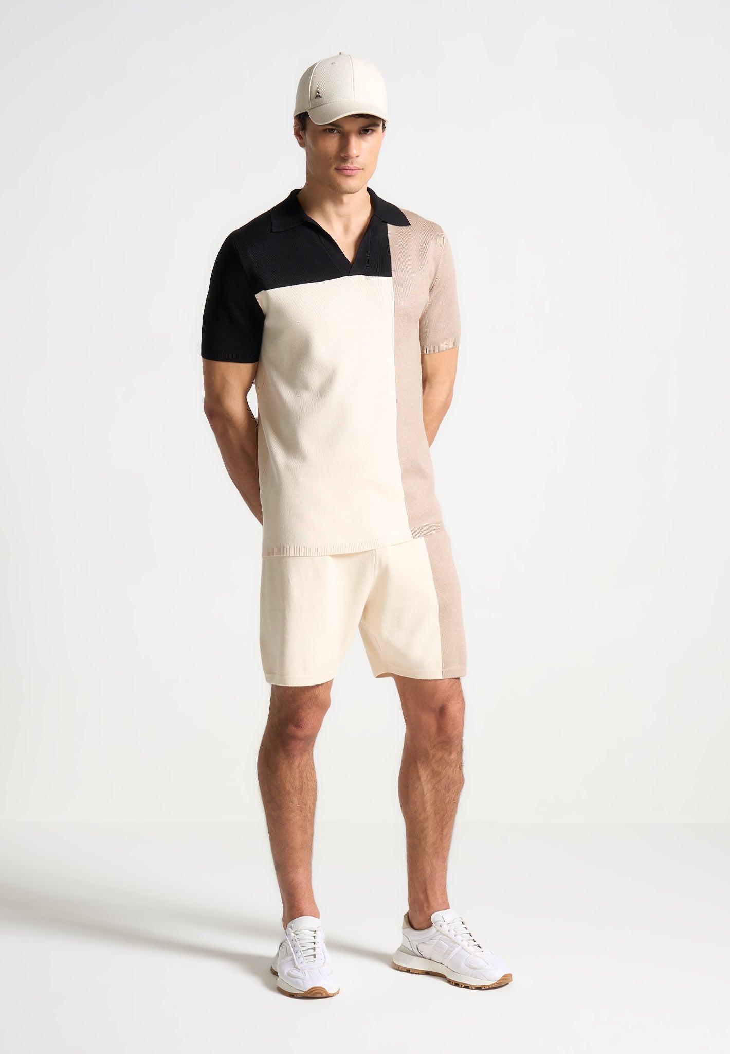Colour Block Knit Revere Polo Top - Black/Beige Male Product Image