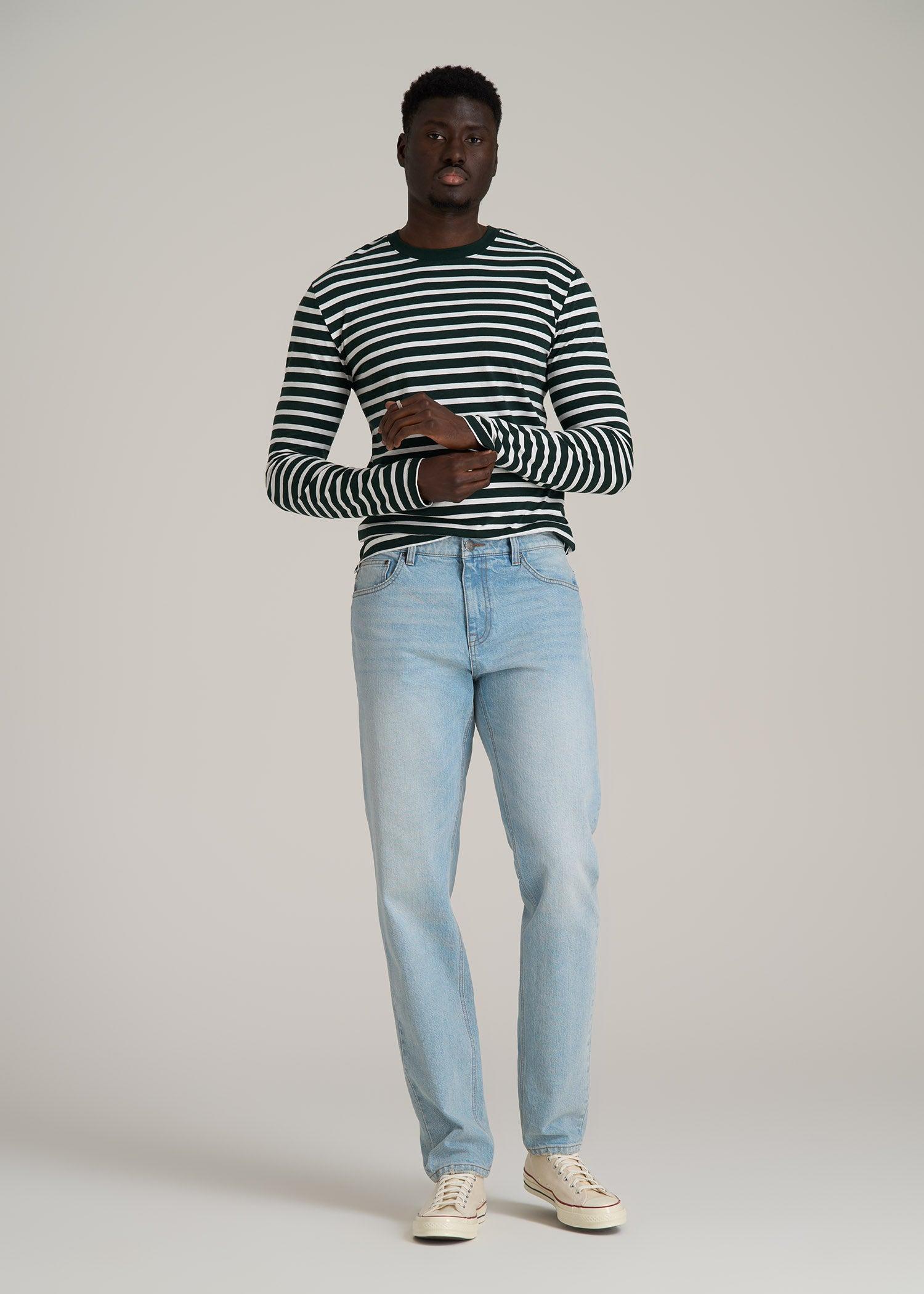 Long Sleeve Striped Tee for Tall Men in Emerald and White Stripe Male Product Image