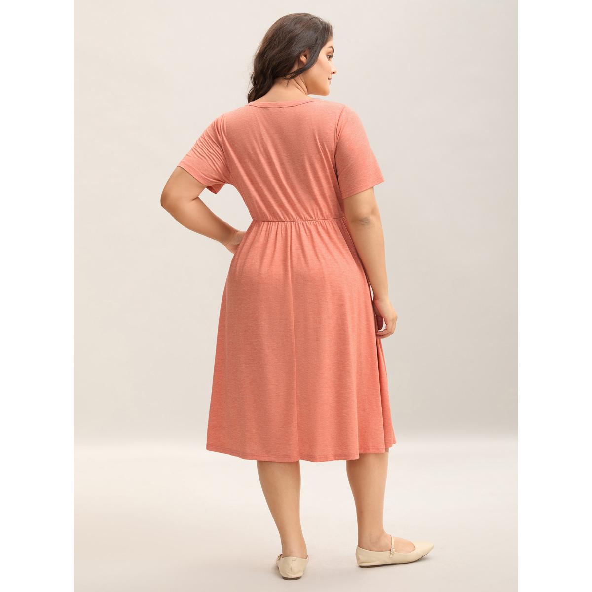 Plus Size Stretchy Knit Ruched Pockets Midi Dress Salmon Women Knit Dresses Bloomchic 22-24/3X Product Image