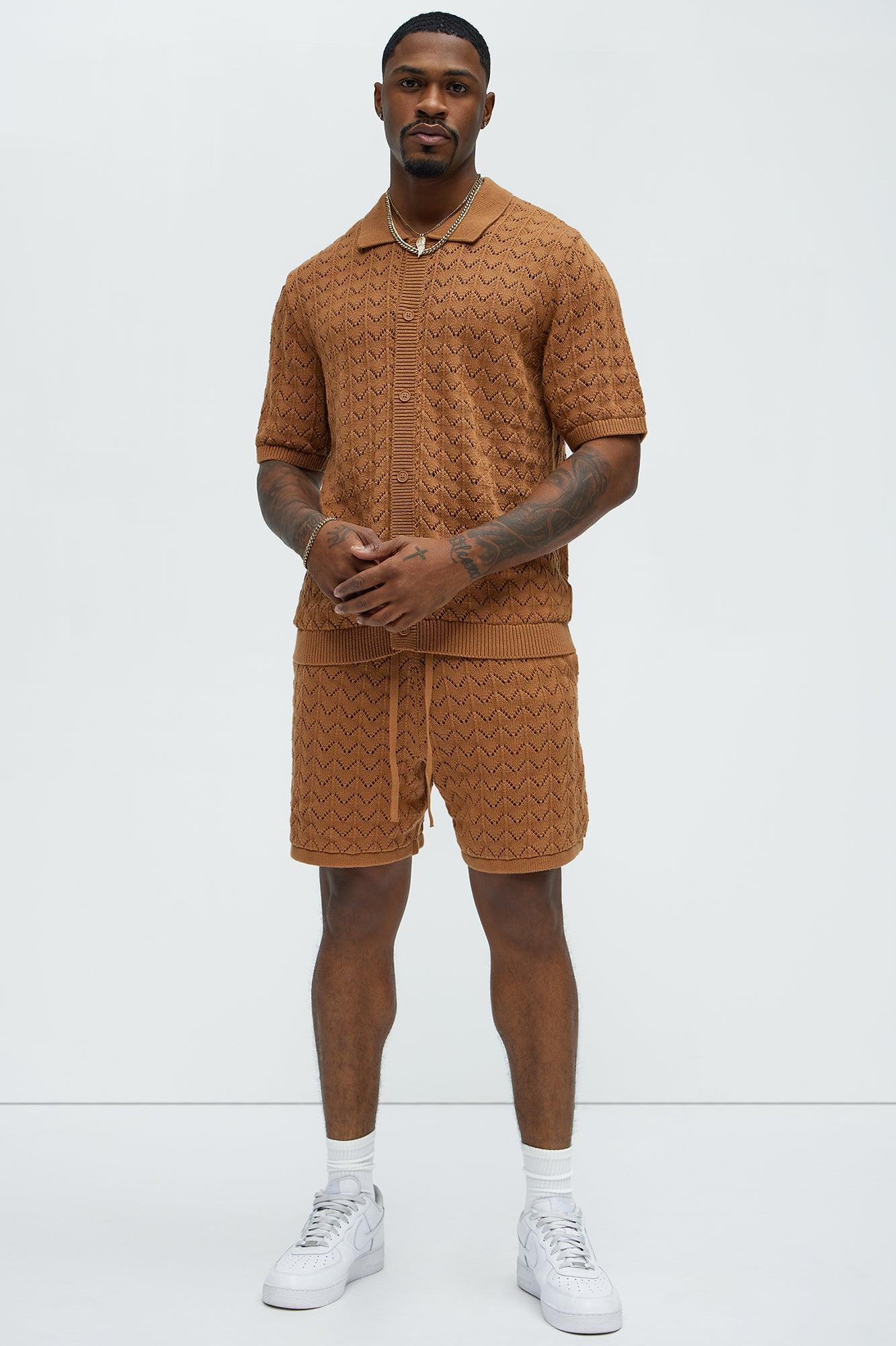 Waterfall Texture Open Knit Shorts - Brown Product Image