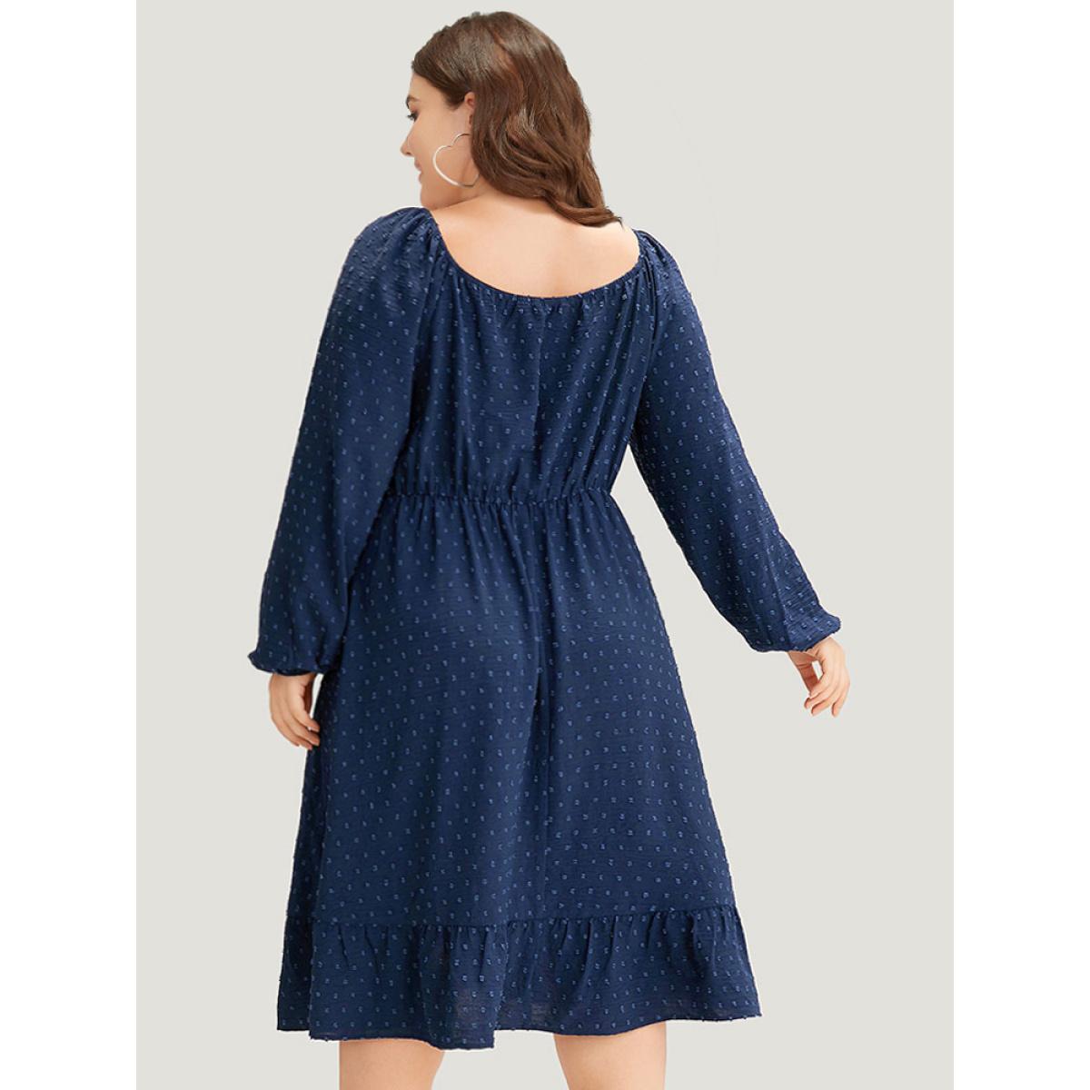 Plus Size Polka Dot Square Neck Lantern Sleeve Shirred Dress Navy Women Elegant Elastic cuffs Square Neck Long Sleeve Curvy Midi Dress BloomChic 22-24/3X Product Image