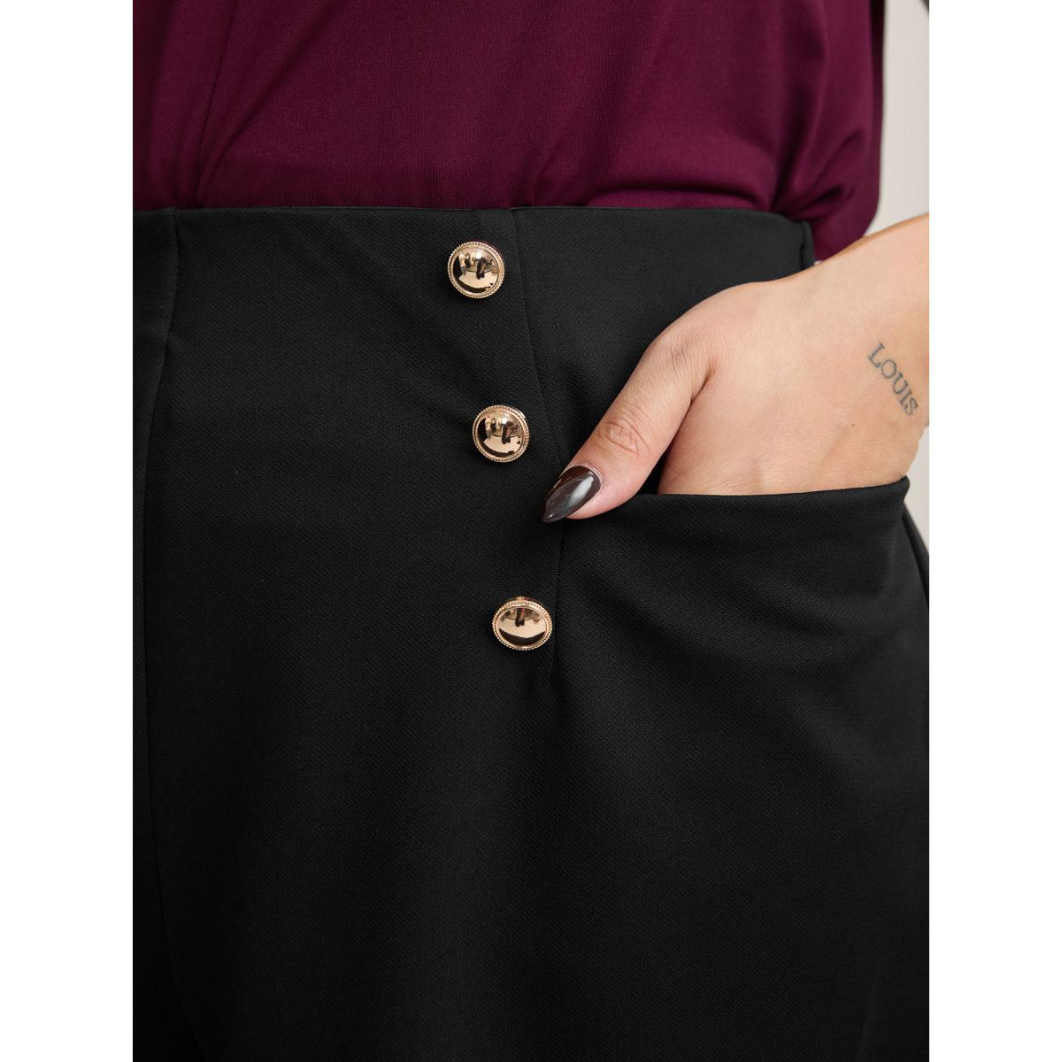 Plus Size No-Gap Waist Button Detail Straight-Leg Shorts Women Black At the Office Button Straight Leg Work Shorts BloomChic 18-20/2X Product Image