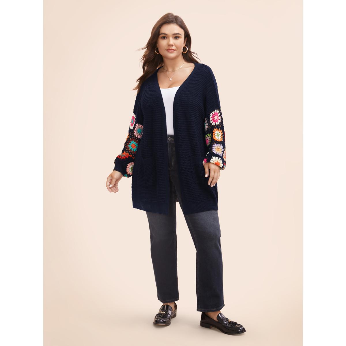 Plus Size Crochet Floral Drop Shoulder Cut Out Cardigan Midnight Women Resort Loose Long Sleeve Vacation Cardigans BloomChic 28/5X Product Image