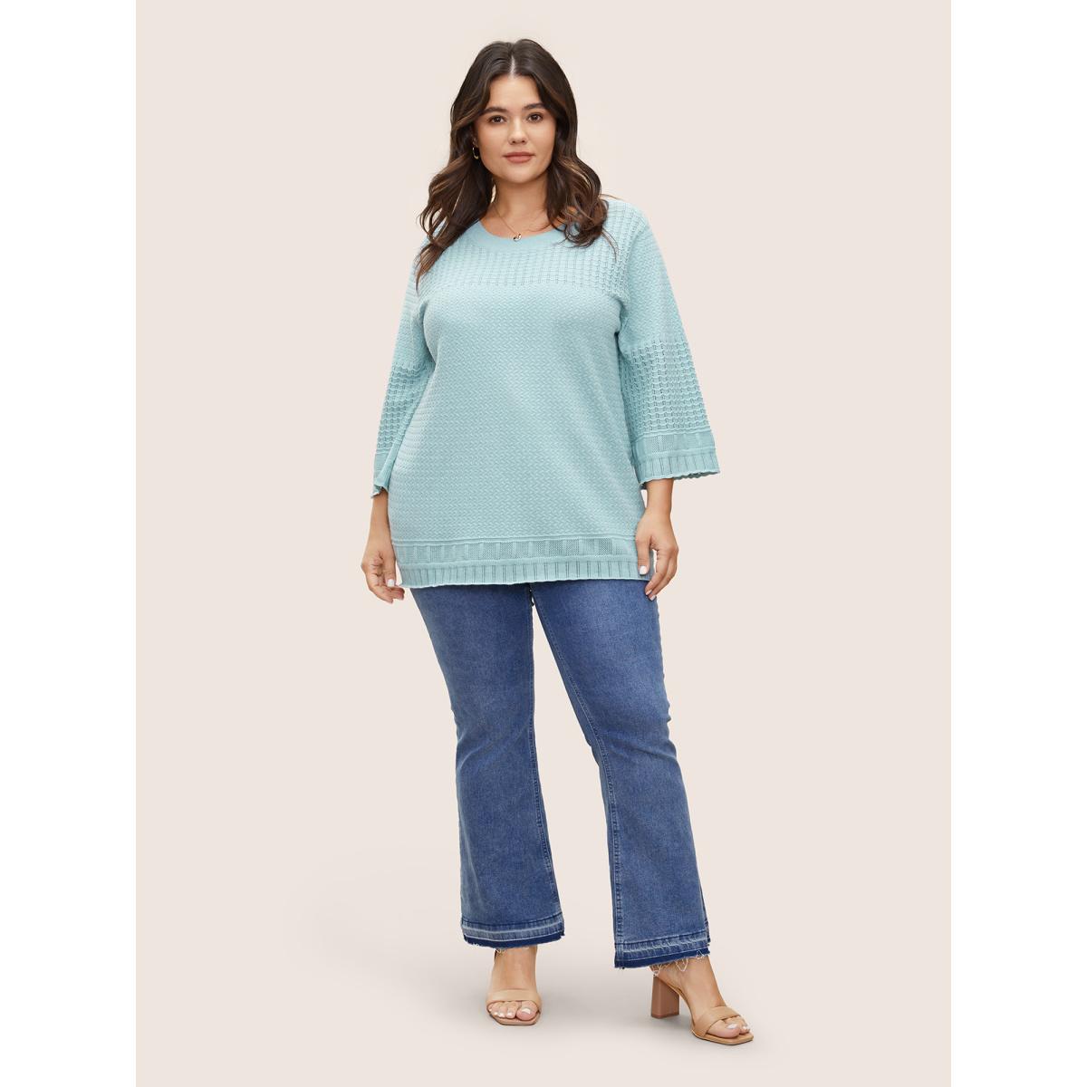 Plus Size Jacquard Hollow Out Crew Neck Bell Sleeve Pullover LightBlue Women Casual Elbow-length sleeve Round Neck Everyday Pullovers BloomChic 14-16/1X Product Image