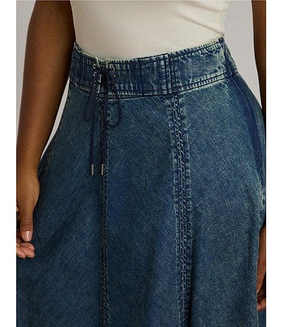 Lauren Ralph Lauren Plus Size Drawcord Waist A-Line Denim Midi Skirt Product Image