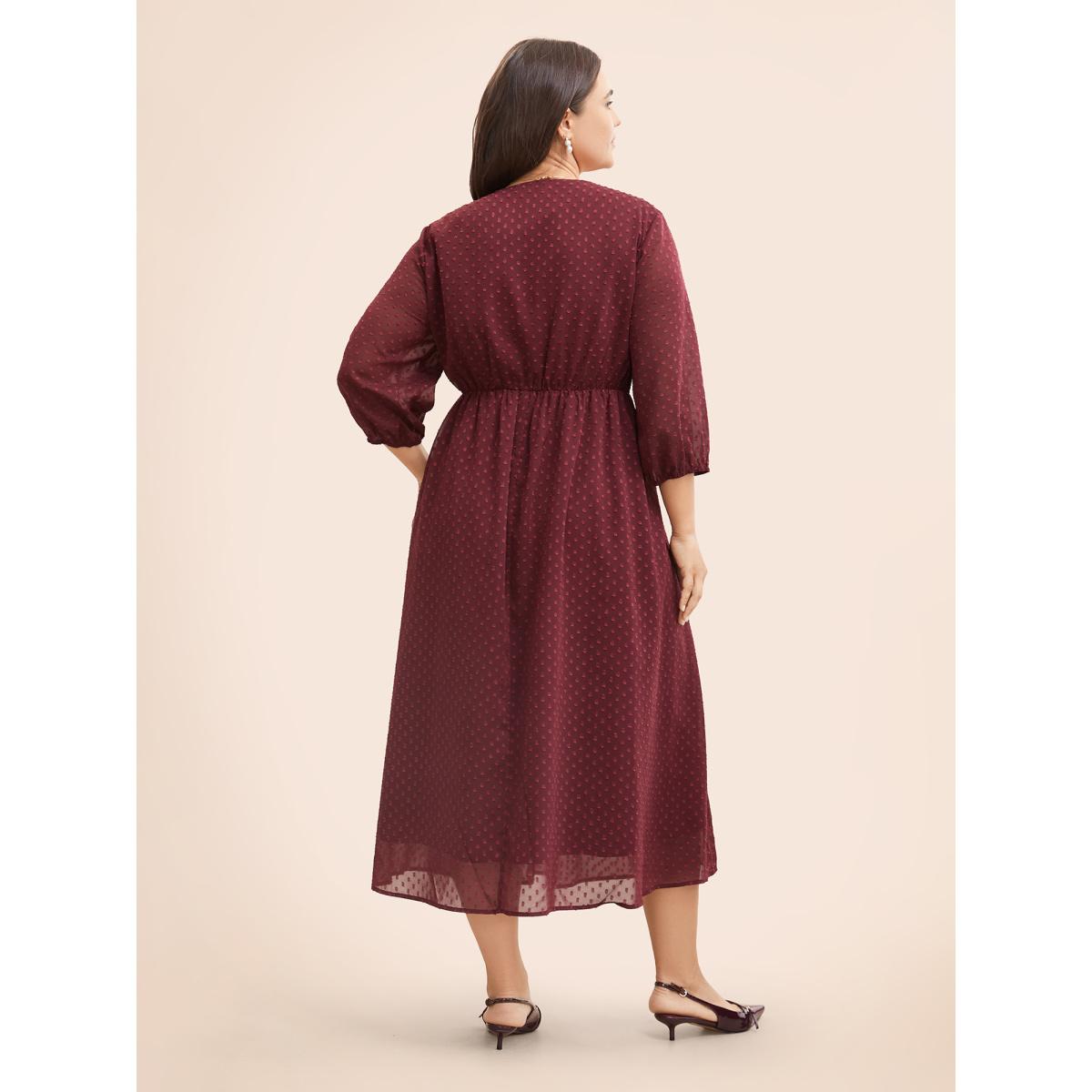 Plus Size Plain Textured Ruched Lantern Sleeve Dress Scarlet Women Elegant Heart neckline Elbow-length sleeve Curvy BloomChic 26/4X Product Image