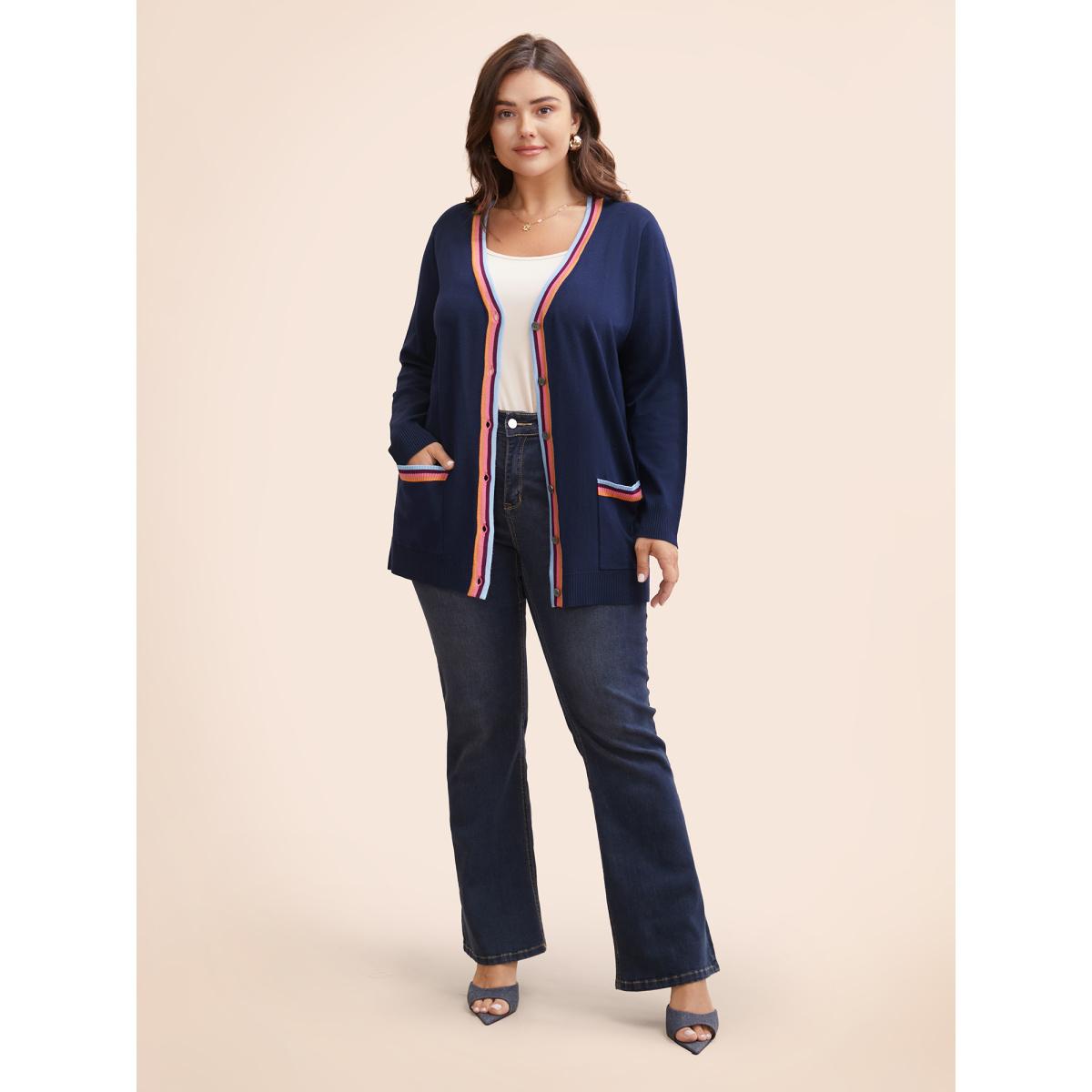Plus Size Contrast Striped Trim Patch Pocket Cardigan Indigo Women Casual Loose Long Sleeve Everyday Cardigans BloomChic 10/M Product Image