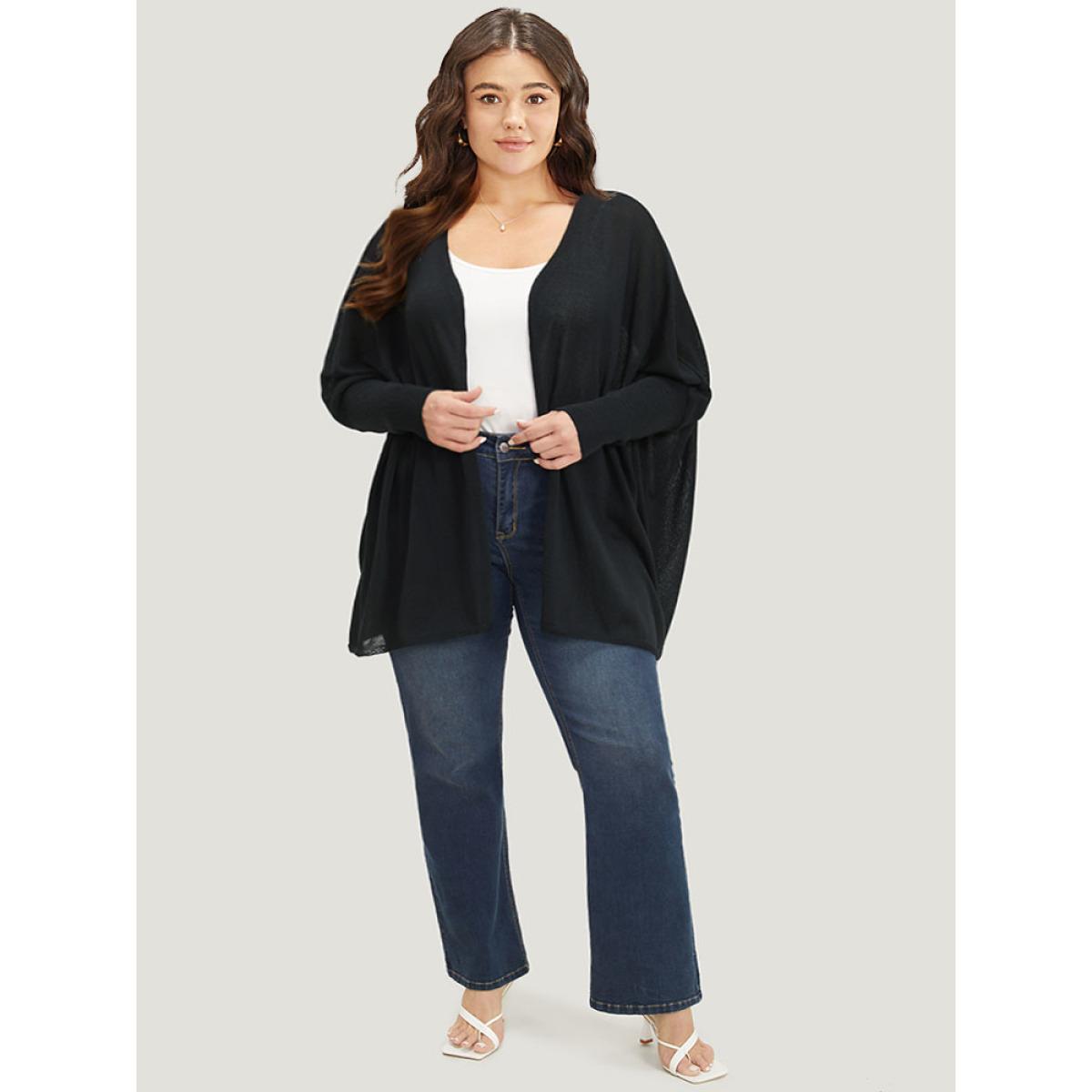 Plus Size Plain Open Front Batwing Sleeve Elastic Cuffs Cardigan Black Women Casual Loose Long Sleeve Everyday Cardigans BloomChic 28/5X Product Image