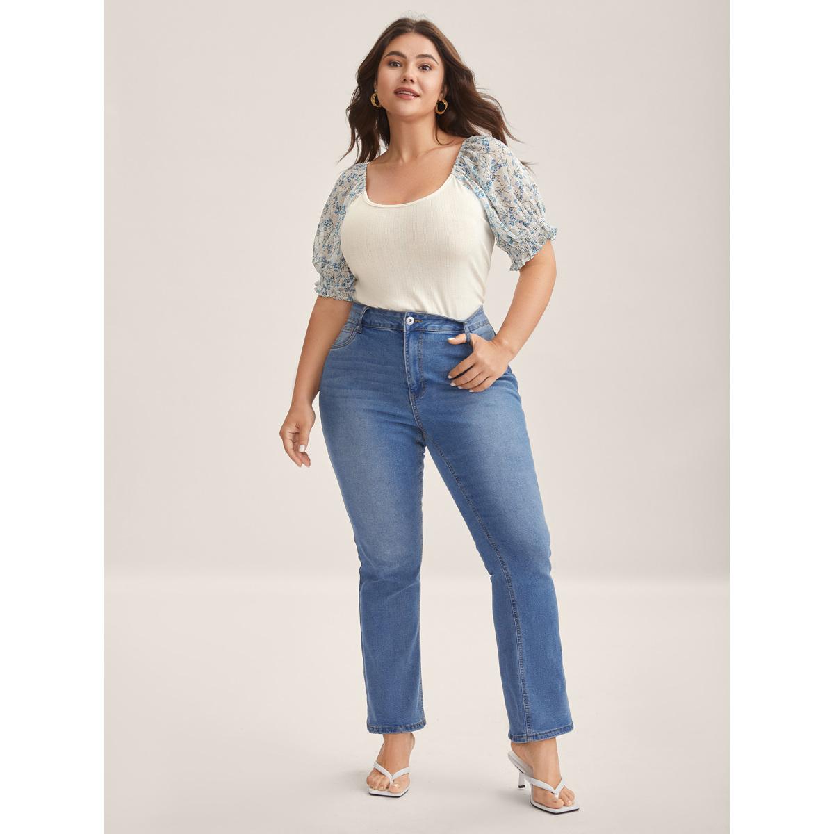 Plus Size Floral Puff Sleeve Textured T-Shirt Beige Women Timeless Texture U-neck Elegant T-shirts BloomChic 28/5X Product Image