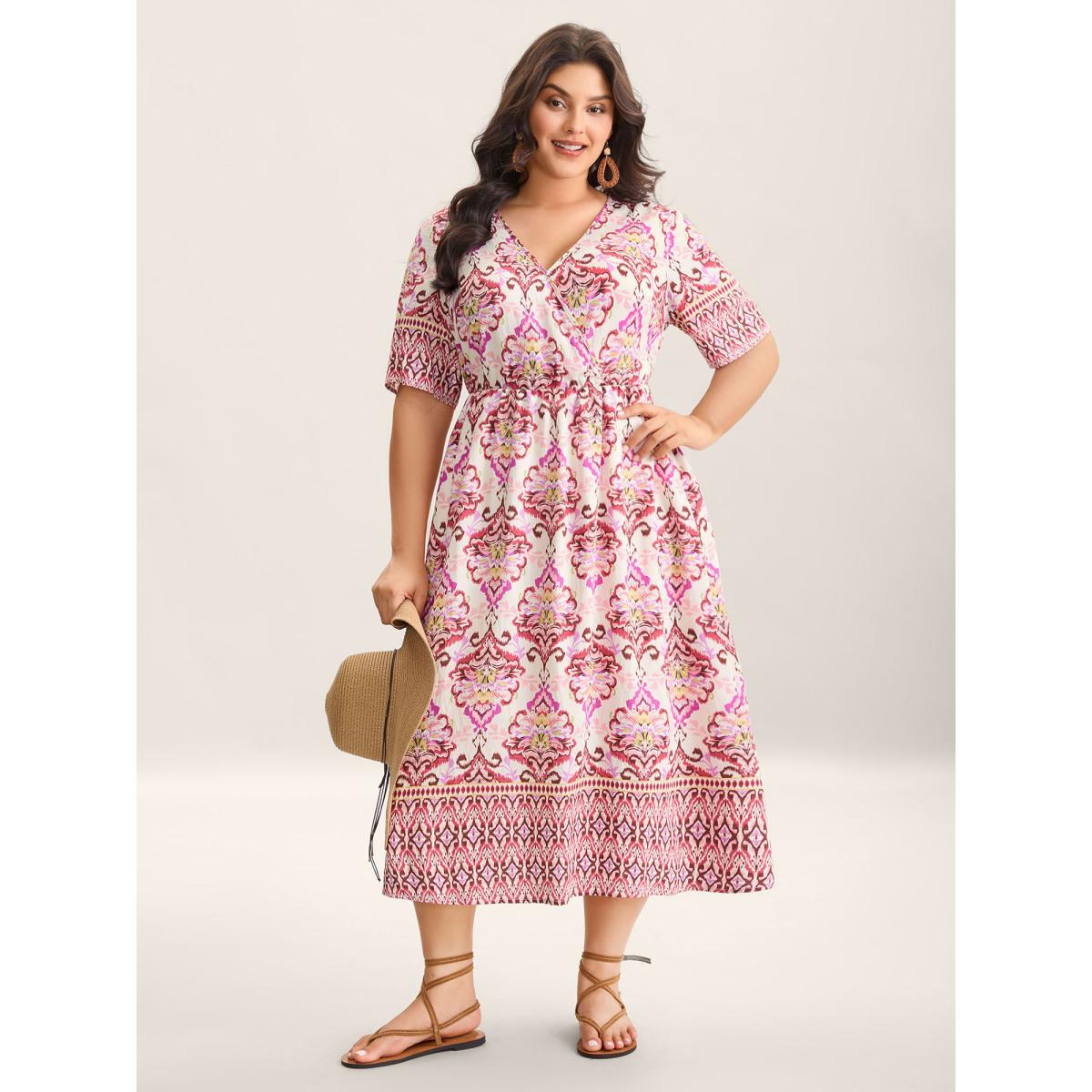 Plus Size Ornate Print Surplice Pockets Maxi Dress Beanpastepowder Women Overlap Collar Short sleeve Curvy BloomChic 12/L Product Image