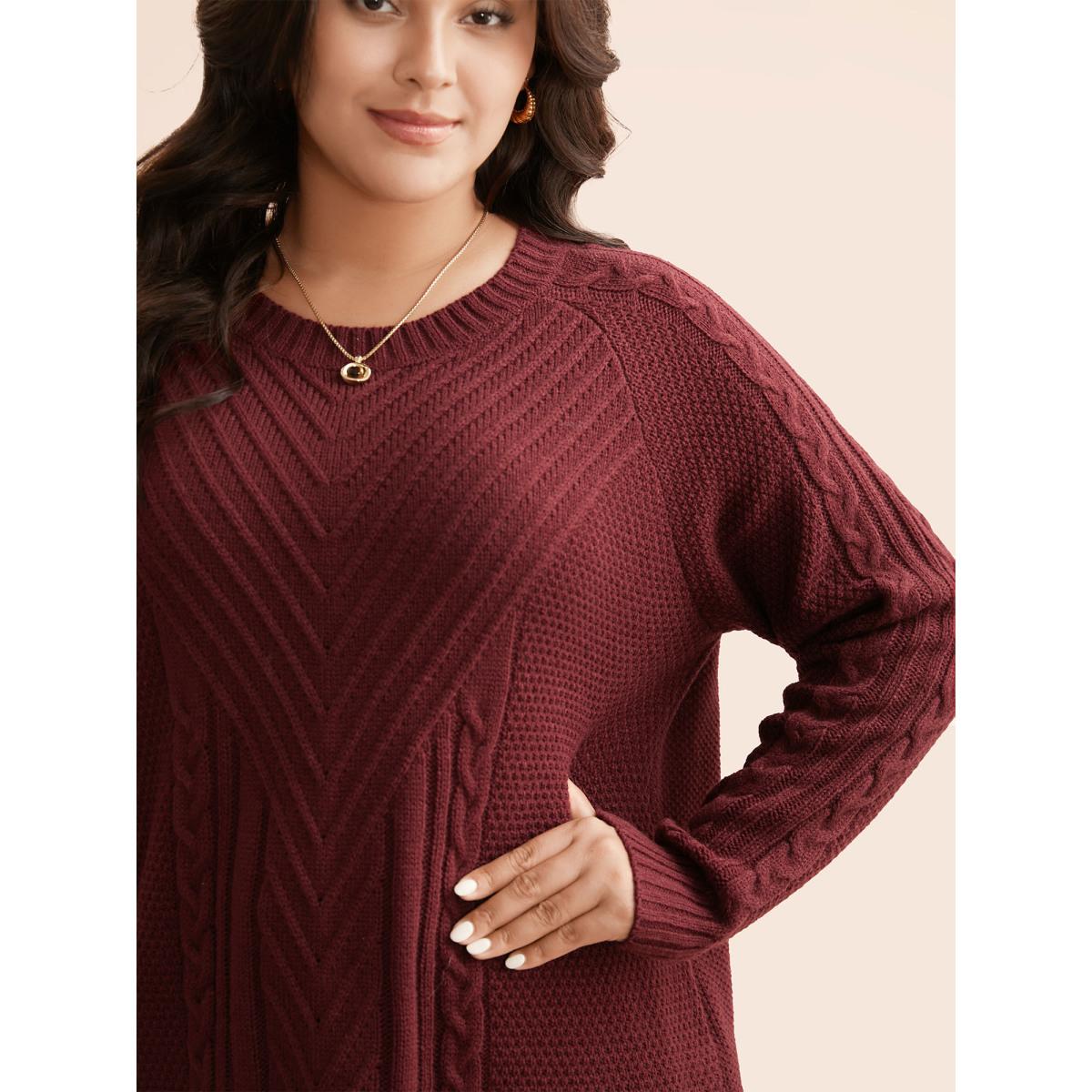 Plus Size Texture Cable Knit Raglan Sleeve Pullover Scarlet Women Casual Loose Long Sleeve Round Neck Everyday Pullovers BloomChic 12/L Product Image