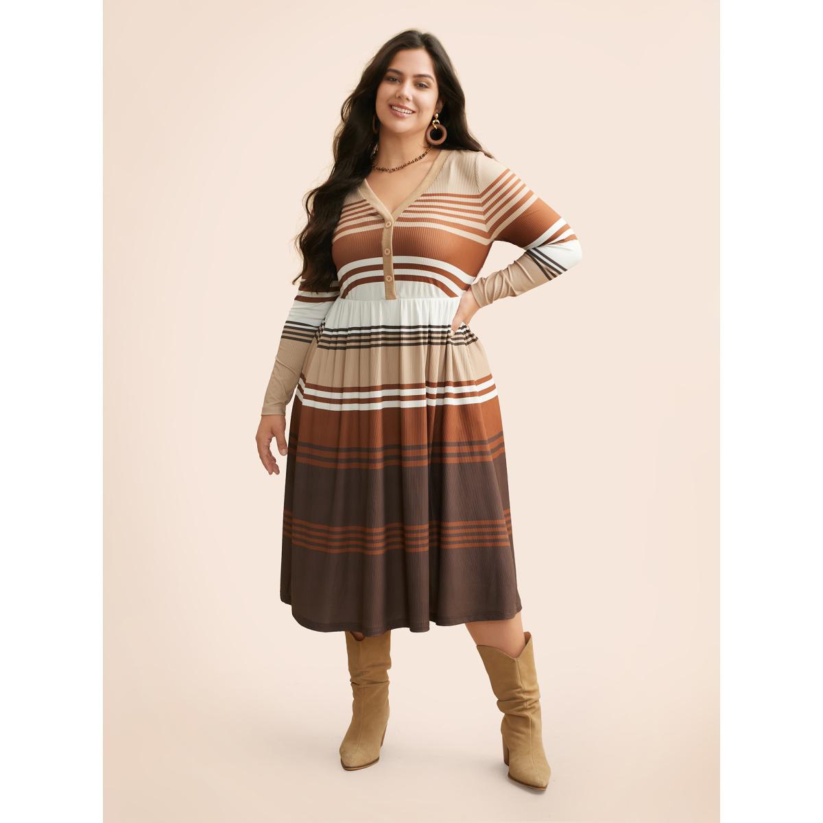 Plus Size Contrast Striped V Neck Midi Dress Yellowishbrown Women Elegant Texture V-neck Extra Long Sleeve Curvy BloomChic 26/4X Product Image