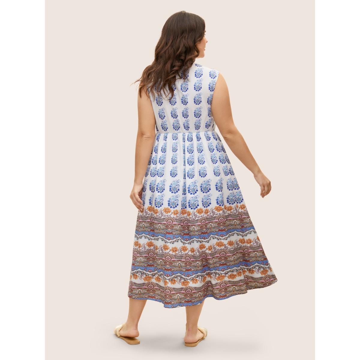 Plus Size Bandana Print Elastic Waist Gathered Sleeveless Dress Originalwhite Women Resort V-neck Sleeveless Curvy BloomChic 14-16/1X Product Image