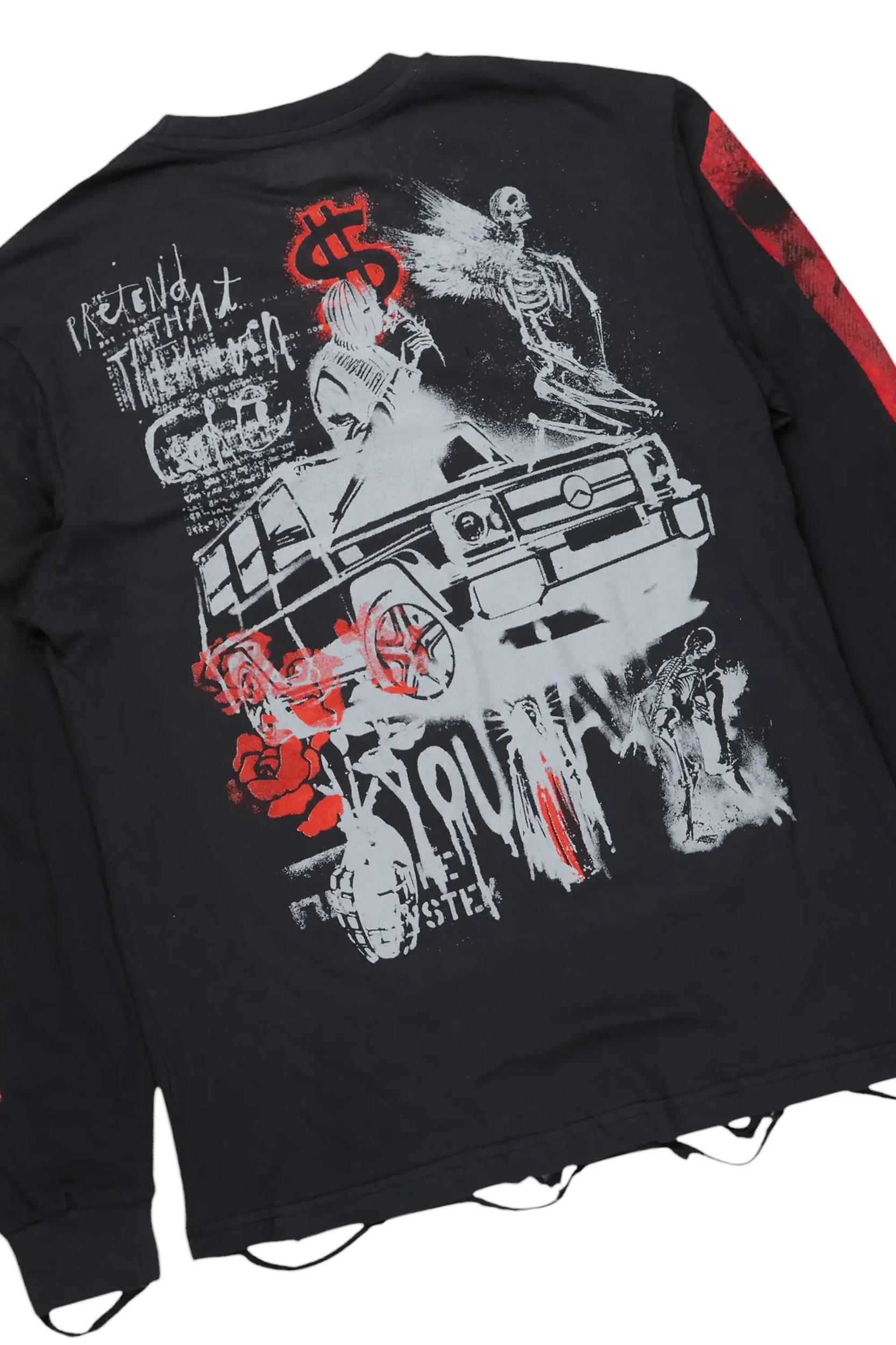 Grill Black Long Sleeve T-Shirt & Petrus Stacked Flare PU Jean Bundle Male Product Image