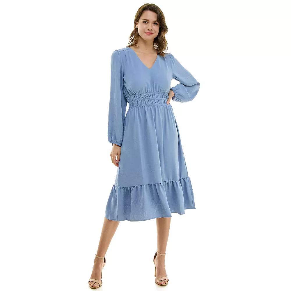 Women's Luxology Smocked Waist V Neck Midi Dress, Size: Medium, Blue Product Image