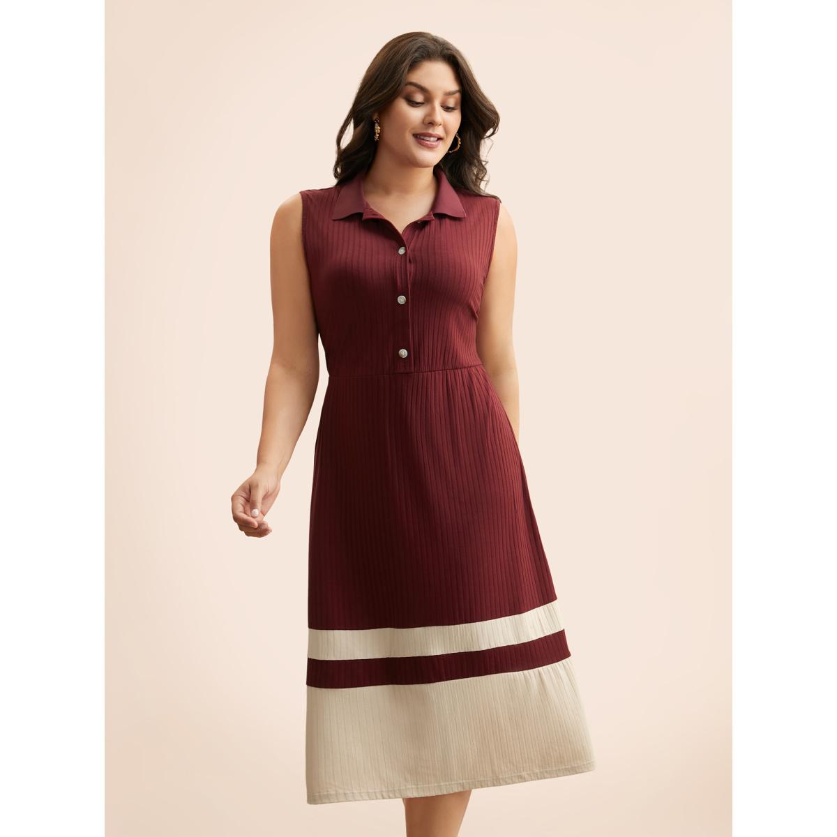 Plus Size Contrast Patchwork Button Up Dress Deepred Women Casual Texture Shirt collar Sleeveless Curvy BloomChic 28/5X Product Image