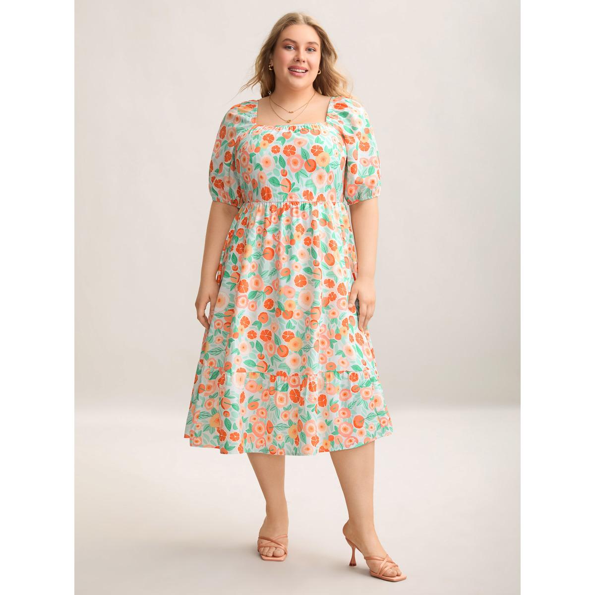 Plus Size Fruity Print Square Neck Puff Sleeve Dress Multicolor Women Elegant Non Square Neck Half Sleeve Curvy BloomChic 22-24/3X Product Image