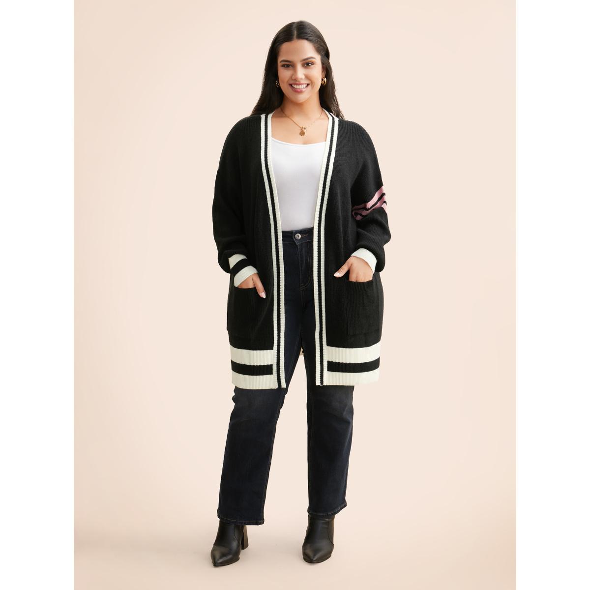 Plus Size Contrast Striped Drop Shoulder Cardigan Black Women Casual Loose Long Sleeve Everyday Cardigans BloomChic 10/M Product Image