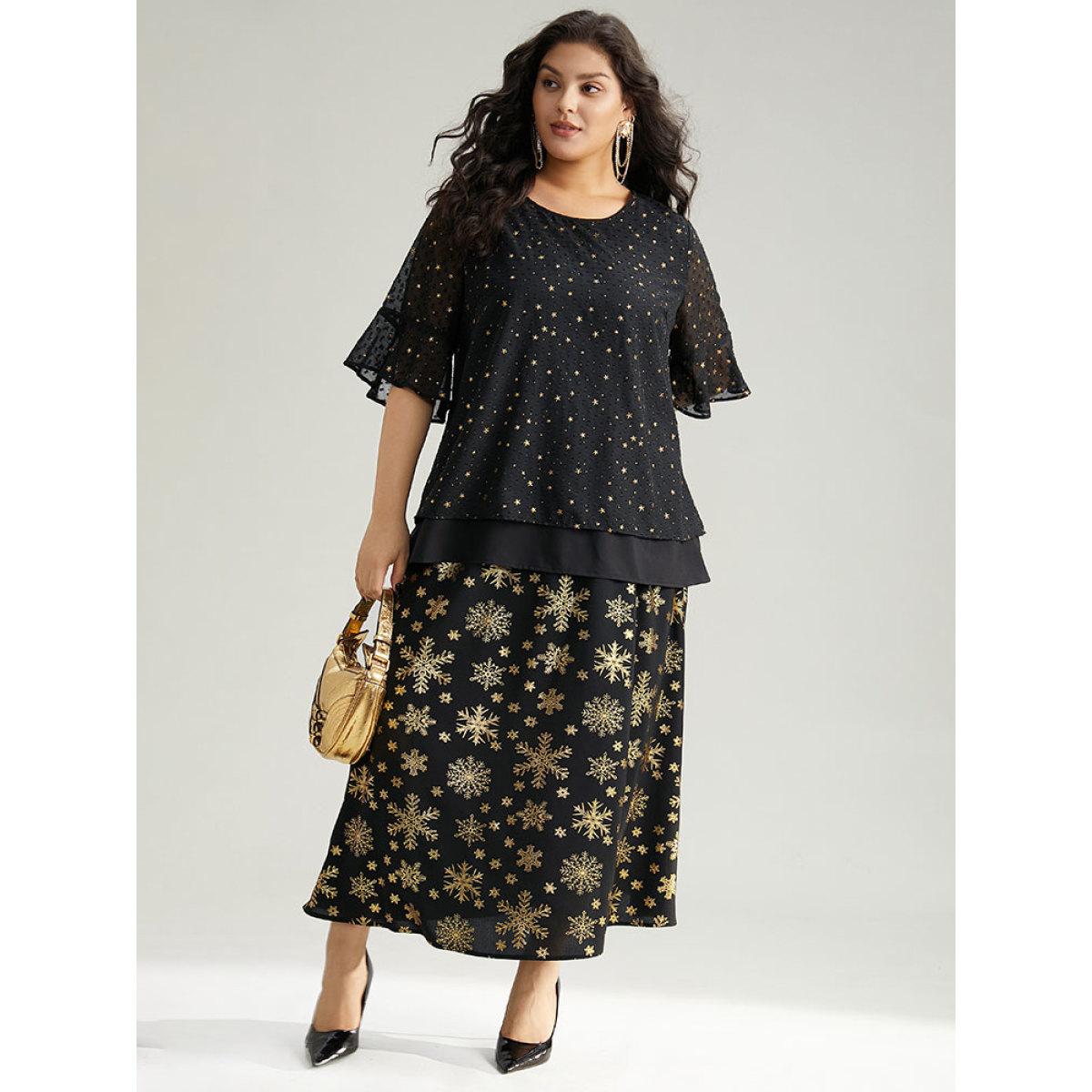 Plus Size Black Star Glitter Flutter Sleeve Mesh Blouse Women Glamour Half Sleeve Round Neck Festival-Christmas Blouses BloomChic 14-16/1X Product Image