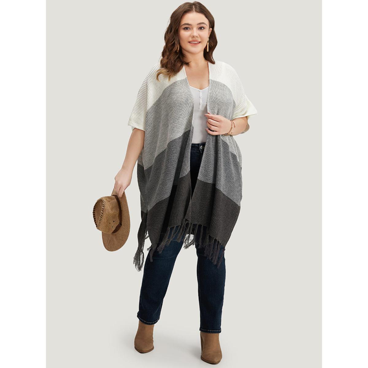 Plus Size Colorblock Fringe Trim Batwing Sleeve Split Side Cardigan Multicolor Women Casual Loose Short sleeve Dailywear Cardigans BloomChic 14-16/1X Product Image