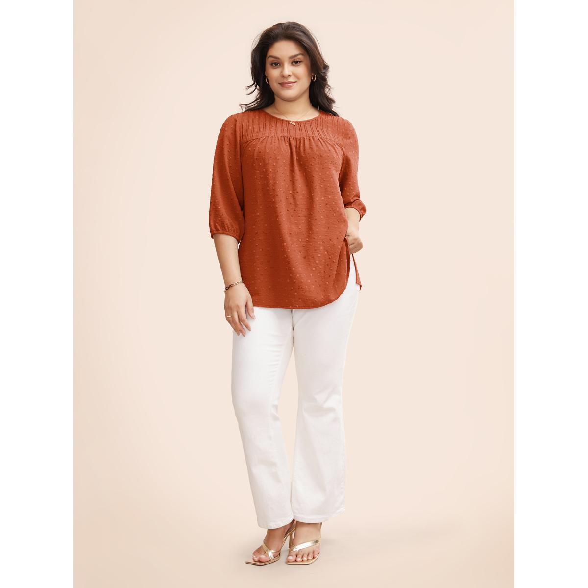 Plus Size Rust Texture Round Neck Pleated Lantern Sleeve Blouse Women Elegant Elbow-length sleeve Round Neck Everyday Blouses BloomChic 14-16/1X Product Image