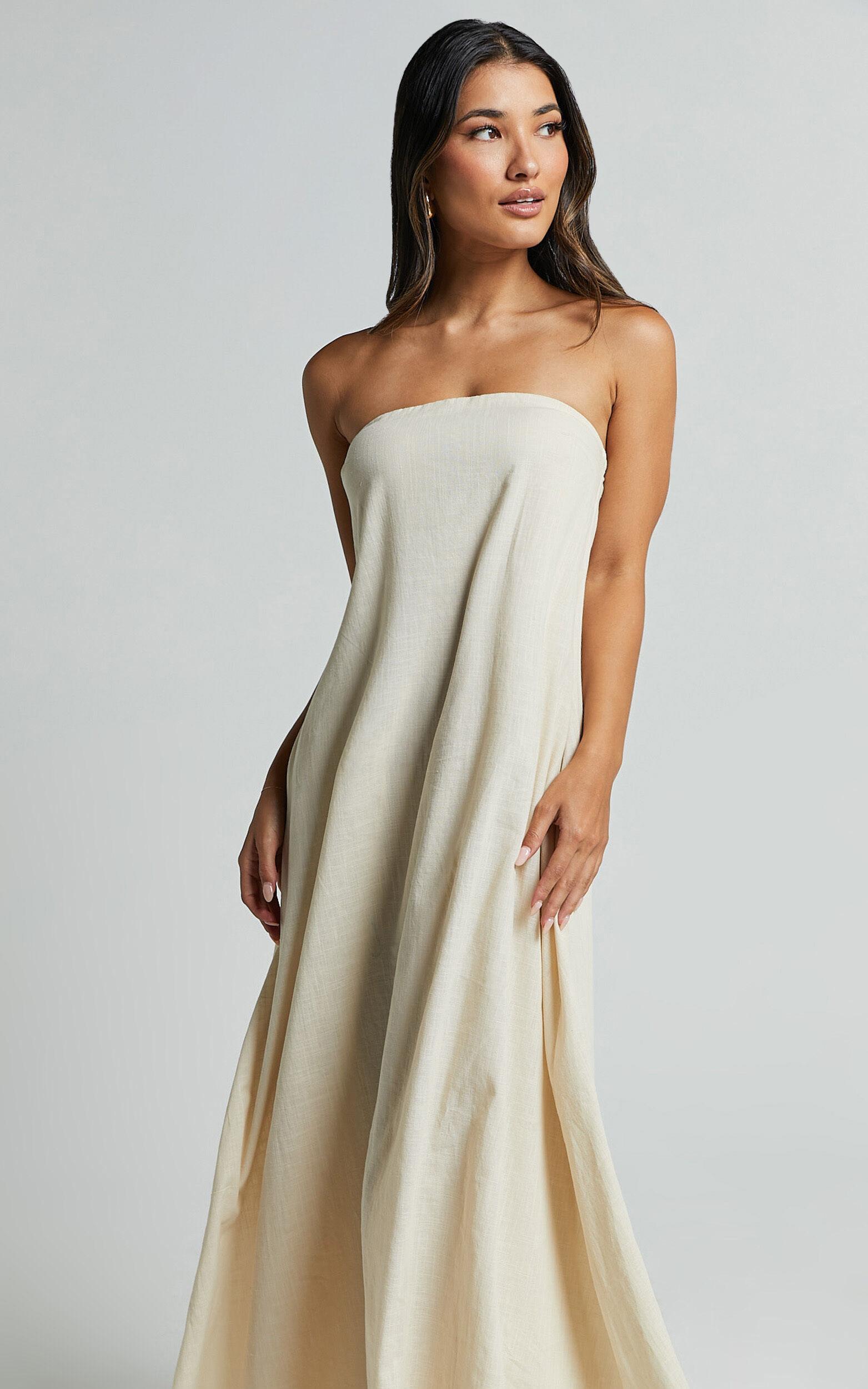 Adessa Maxi Linen Blend Dress - Strapless A Line Dress in Beige Product Image