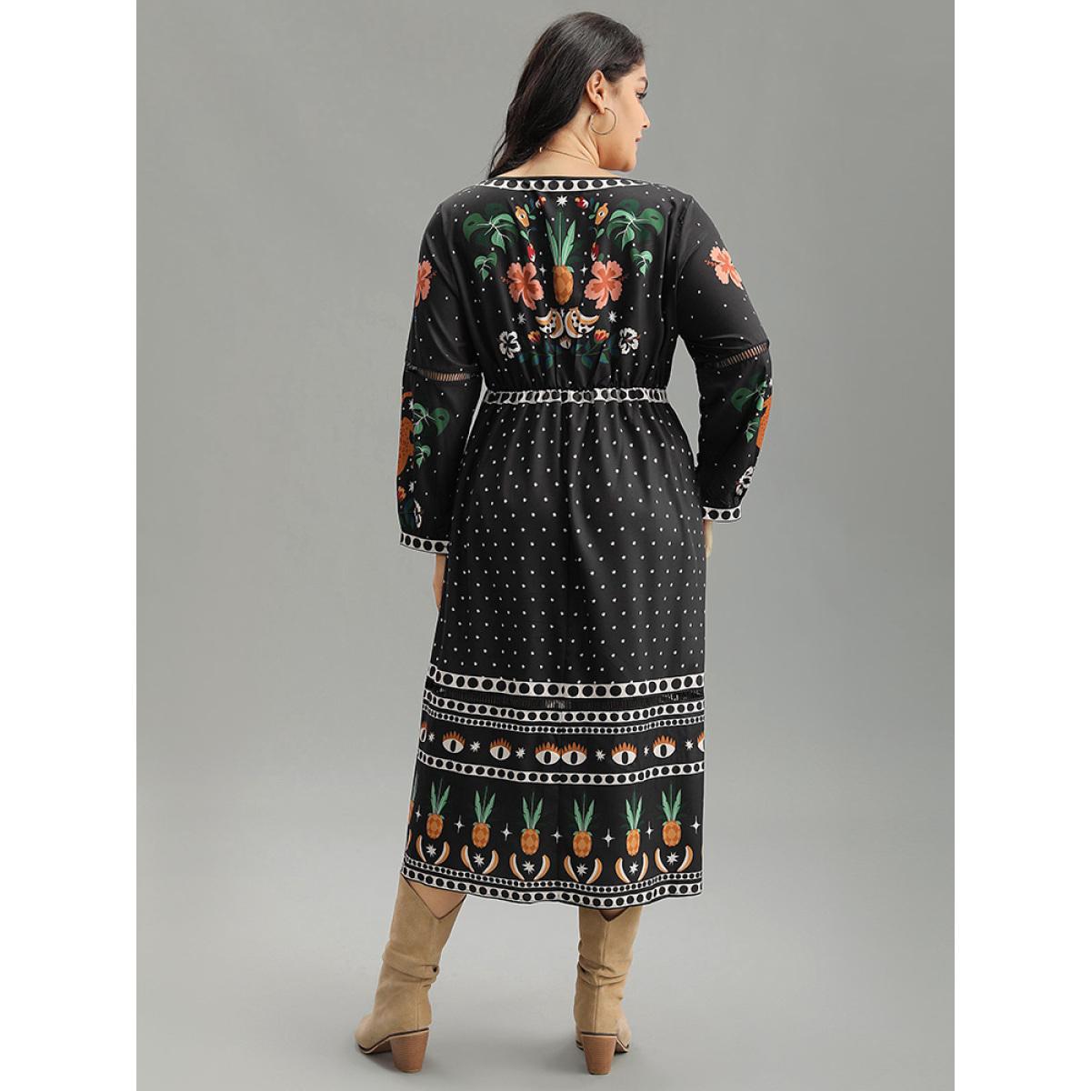 Plus Size Bandana Print Lantern Sleeve Ruffle Hem Dress Black Women Resort Printed V-neck Long Sleeve Curvy Midi Dress BloomChic 14-16/1X Product Image