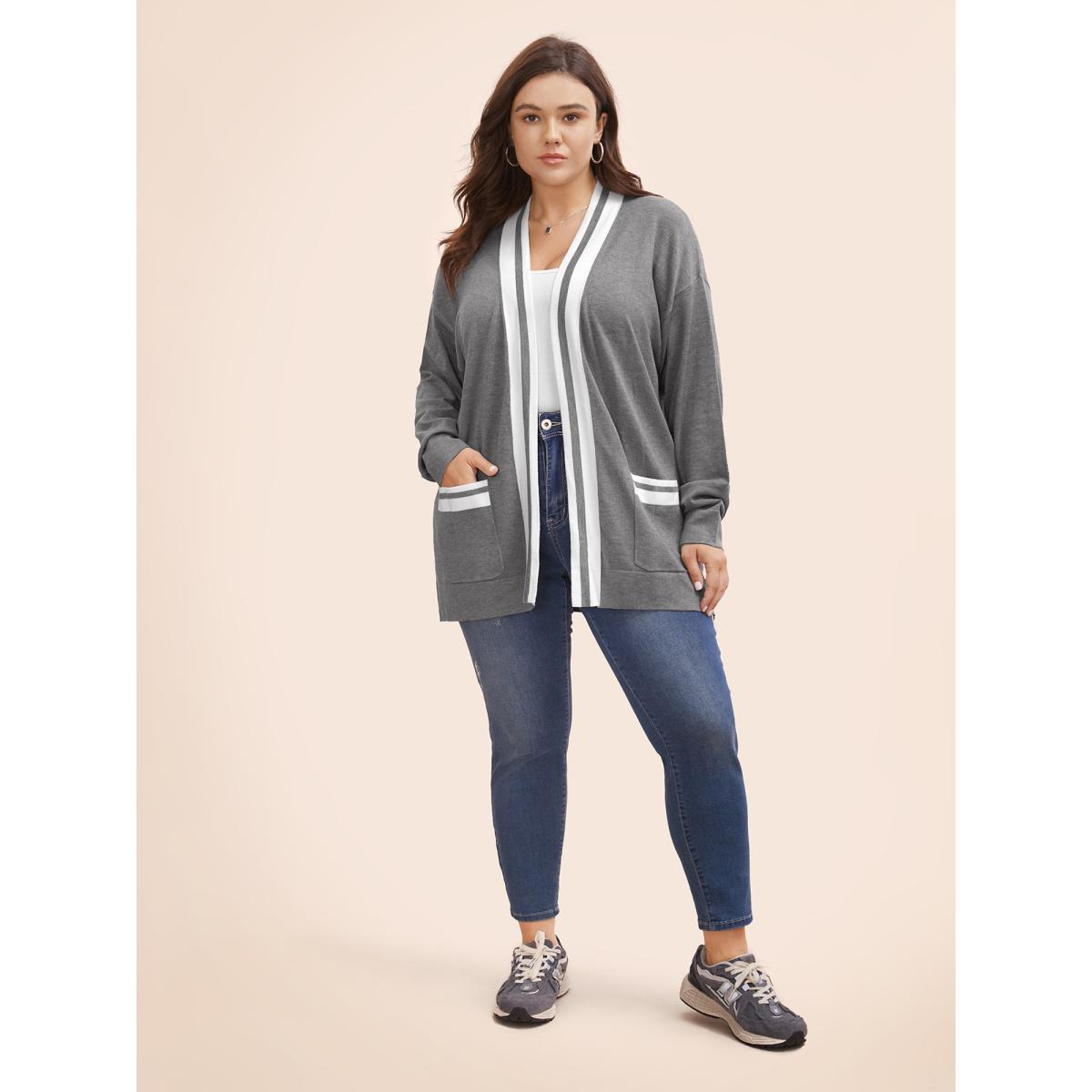 Plus Size Supersoft Essentials Contrast Slit Hem Cardigan DarkGray Women Leisure Loose Long Sleeve Casual Cardigans BloomChic 18-20/2X Product Image