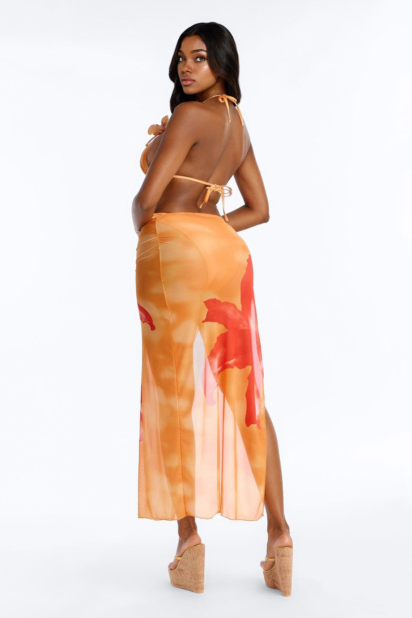 Paradise Orchid Flowers 3 Piece Bikini & Ruched Skirt Set - Orange/combo Female Product Image