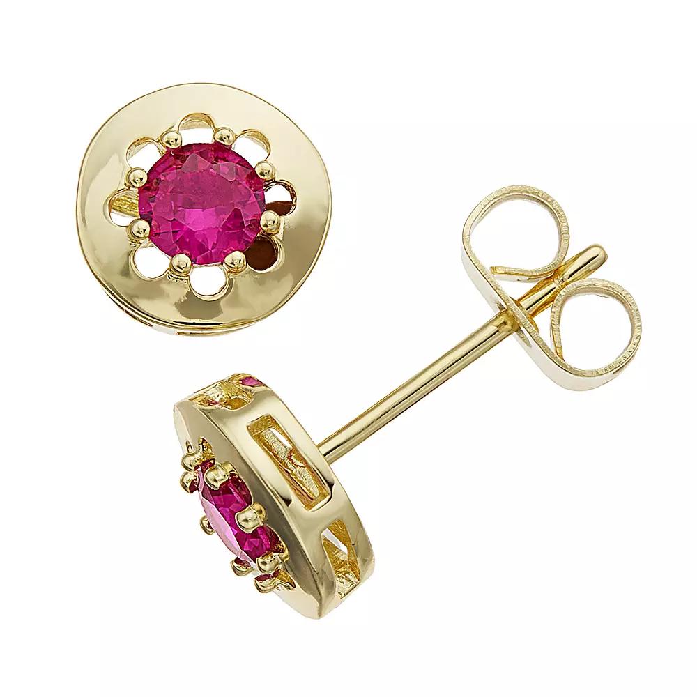 Sterling Silver 14k Gold Plated Red Cubic Zirconia Round Solitaire Bezel Stud Earrings, Womens, Pink Product Image