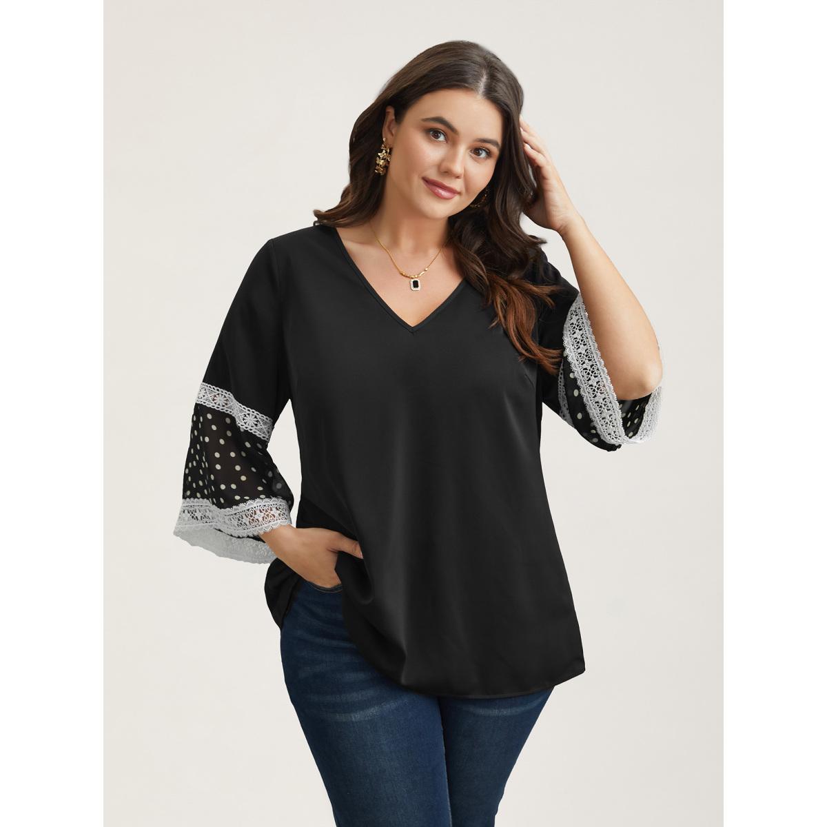 Plus Size Black Polka Dot Paneled V-Neck Flared Shirt Women Elegant Elbow-length sleeve V-neck Everyday Blouses BloomChic 10/M Product Image