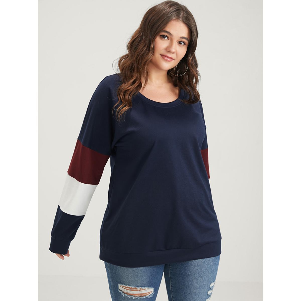 Plus Size Colorblock Patchwork Round Neck Drop Shoulder Sweatshirt Women Navy Casual Contrast Round Neck Dailywear Sweatshirts BloomChic 10/M Product Image