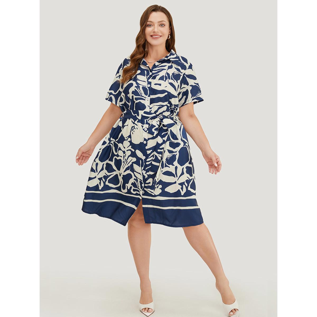 Plus Size Geometric Print Flutter Pocket Belt Shirt Collar Dress DarkBlue Women Elegant Lapel Collar Short sleeve Curvy Knee Dress BloomChic 30/6X Product Image