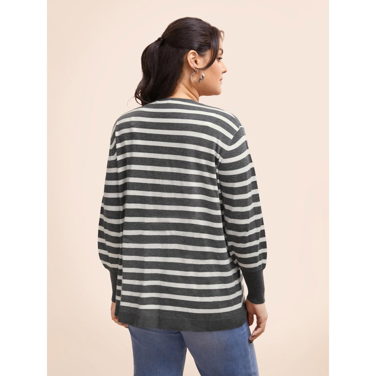 Plus Size Striped Lantern Sleeve Patched Pocket Cardigan DimGray Women Casual Loose Long Sleeve Everyday Cardigans BloomChic 22-24/3X Product Image
