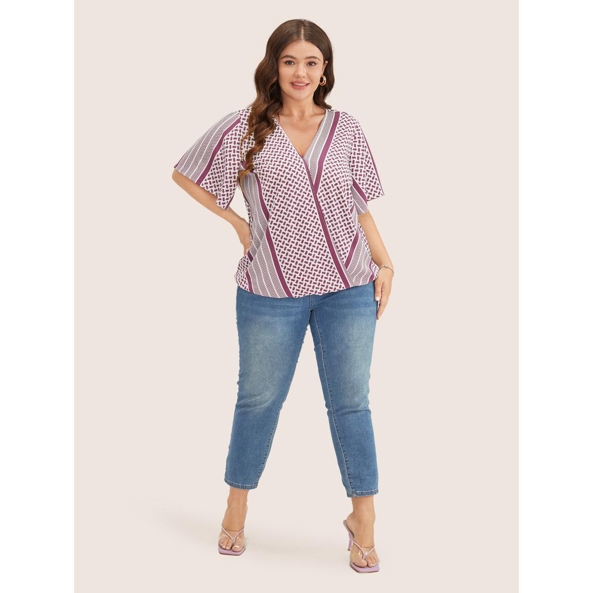 Plus Size RedViolet Geometric Contrast Ruffle Sleeve Wrap Blouse Women Resort Short sleeve Overlap Collar Vacation Blouses BloomChic 12/L Product Image