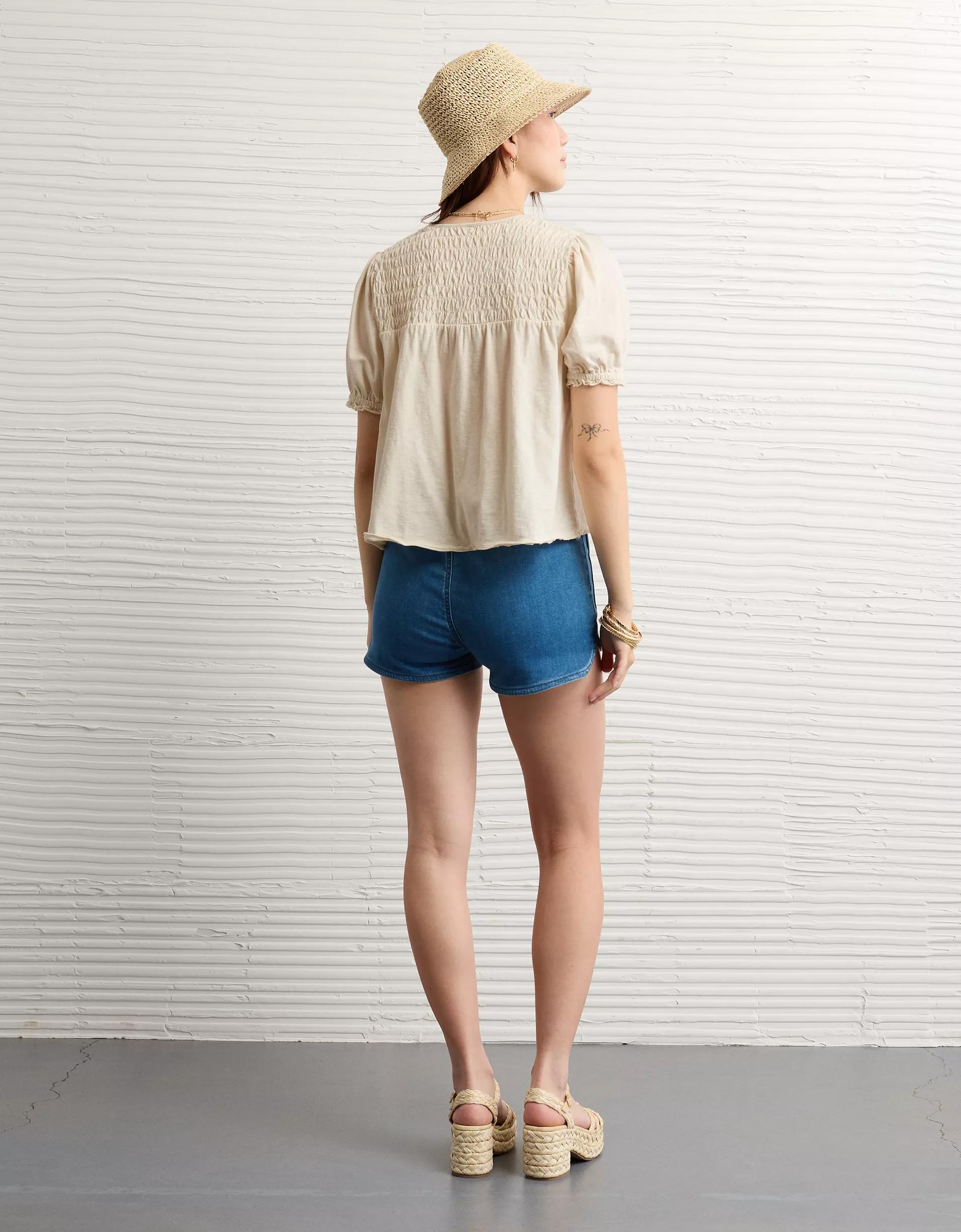 AE Sunchaser High Neck Puff Sleeve Smocked T-Shirt Product Image