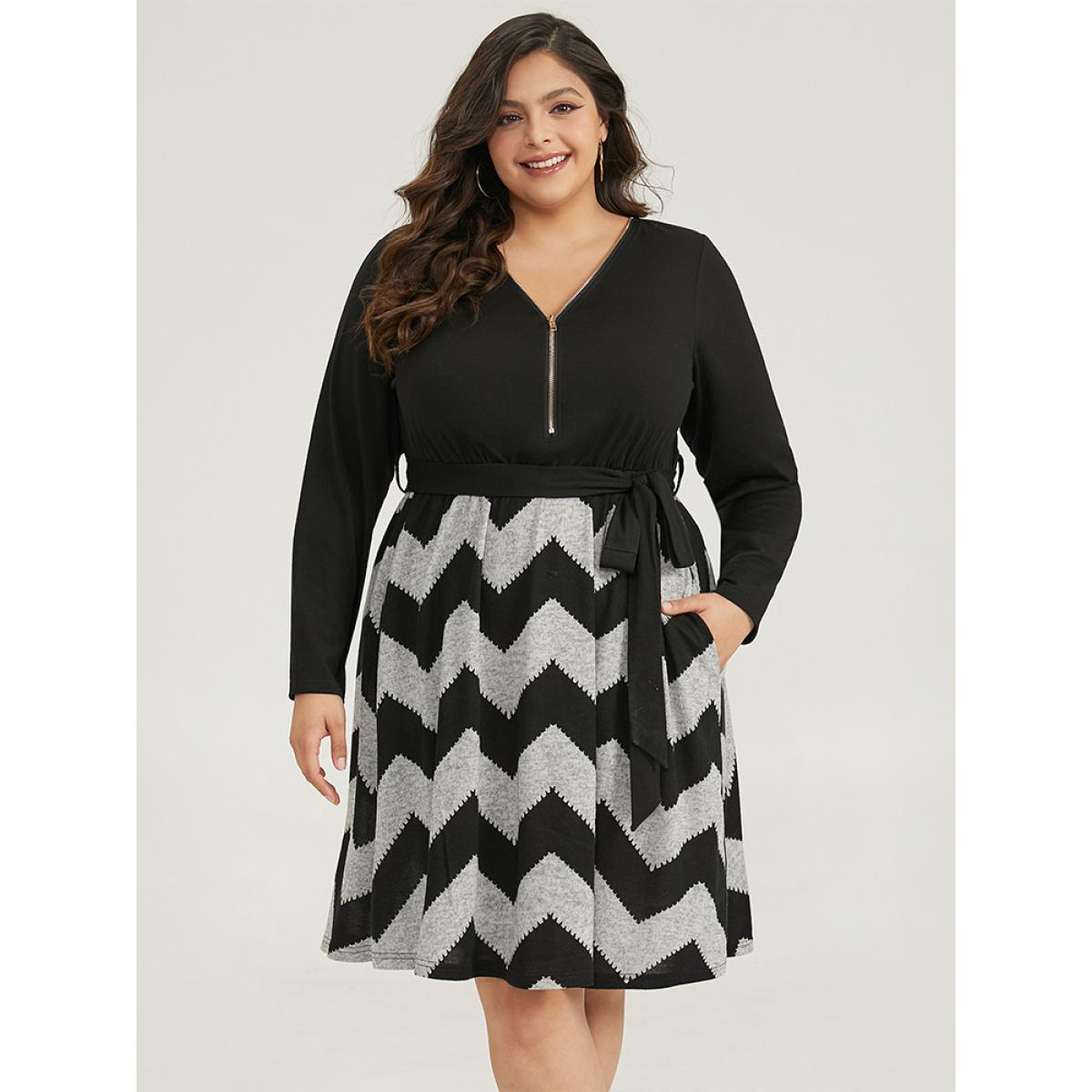 Plus Size Striped Pocket Elastic Waist Patchwork Zipper Dress Black Women Casual Zipper V-neck Long Sleeve Curvy Midi Dress BloomChic 10/M Product Image