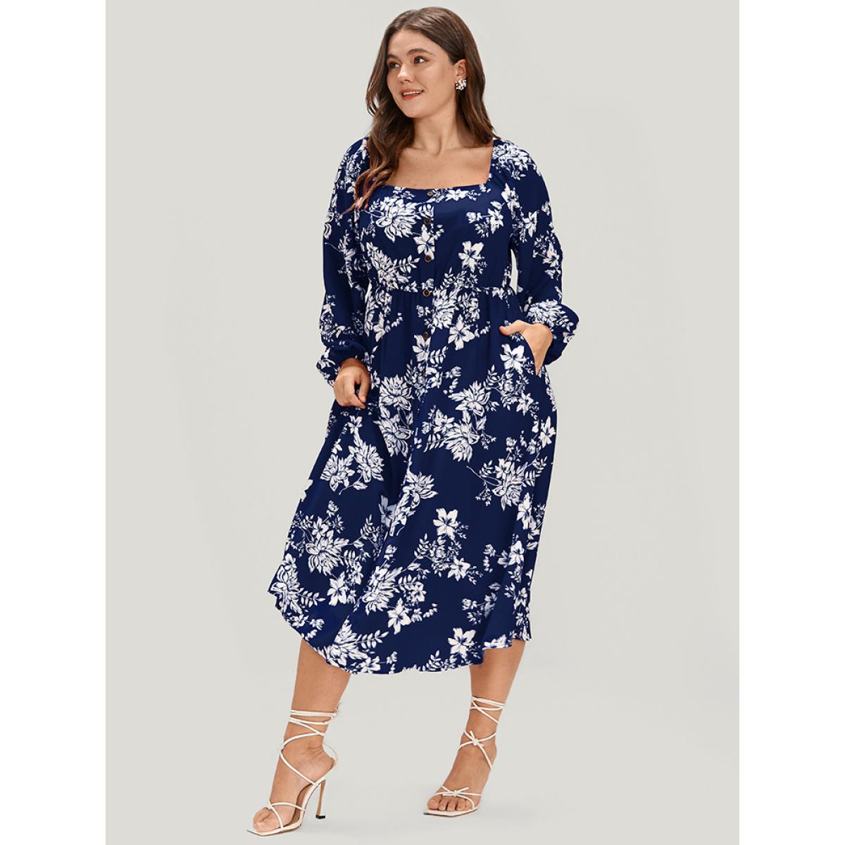 Plus Size Floral Square Neck Lantern Sleeve Pocket Button Detail Dress DarkBlue Women Dating Printed Square Neck Long Sleeve Curvy Midi Dress BloomChic 14-16/1X Product Image