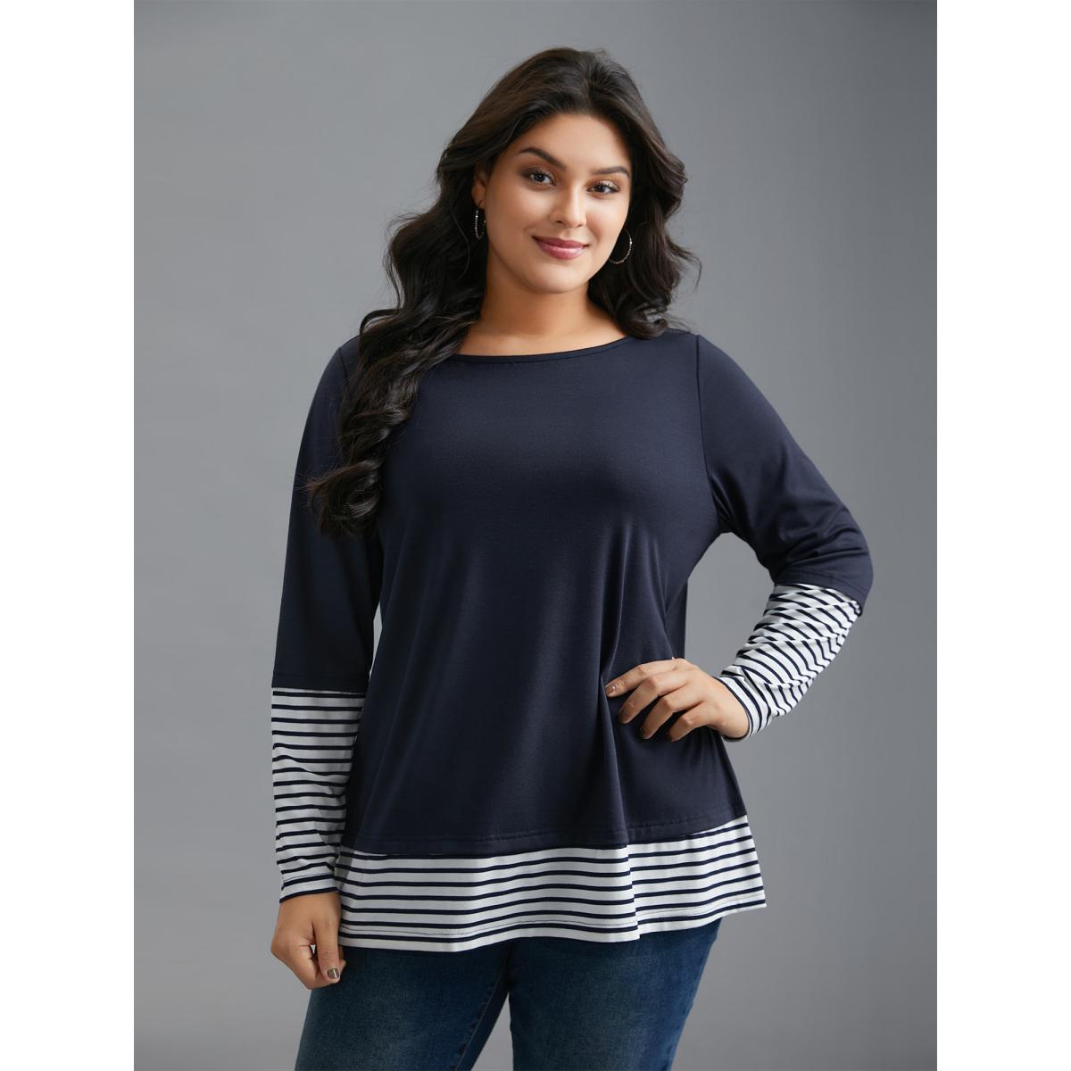 Plus Size Boat Neck Striped Patchwork T-Shirt Indigo Women Casual Contrast Boat Neck Everyday T-shirts BloomChic 28/5X Product Image
