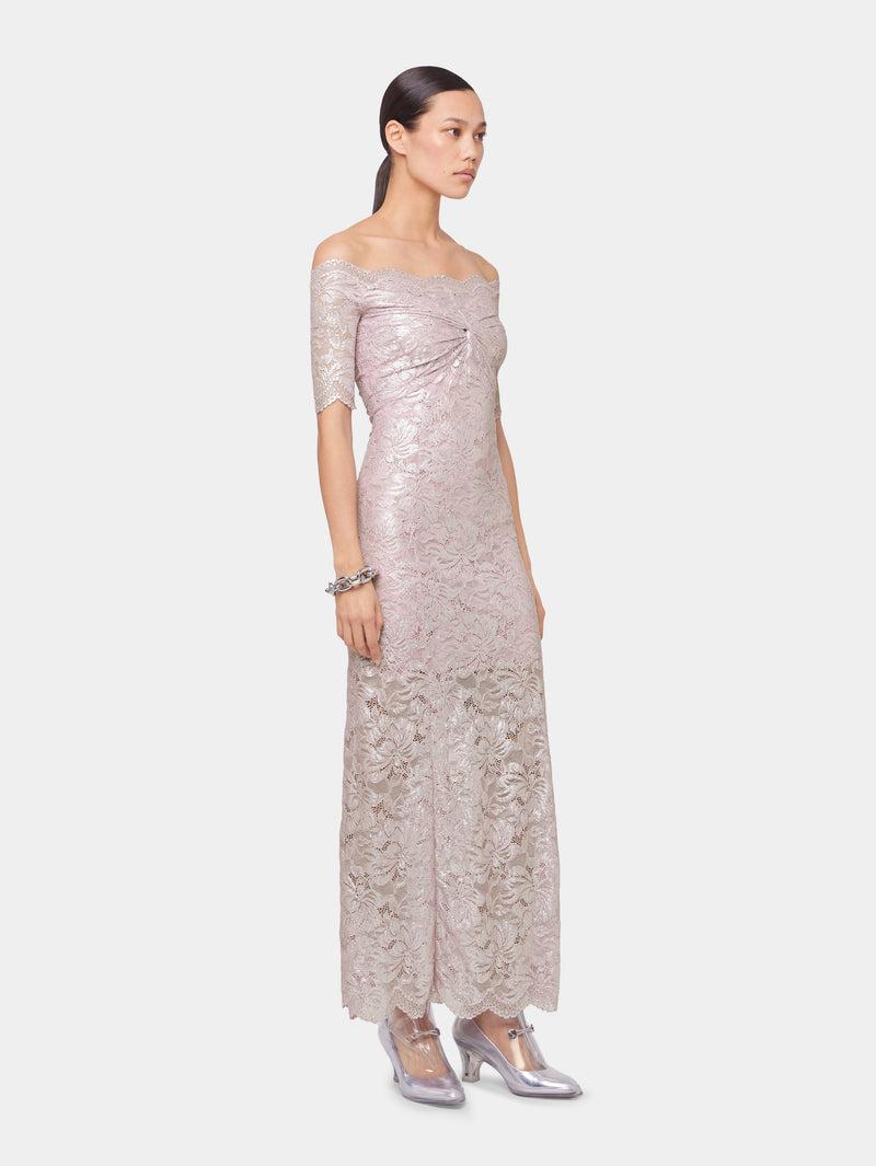 PINK LONG DRESS IN LACE WITH SILVER INDUCTION Product Image
