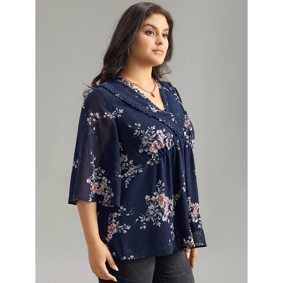 Plus Size Indigo Chiffon Floral Print Frill Trim Ruffle Blouse Women Elegant Half Sleeve V-neck Dailywear Blouses BloomChic 10/M Product Image