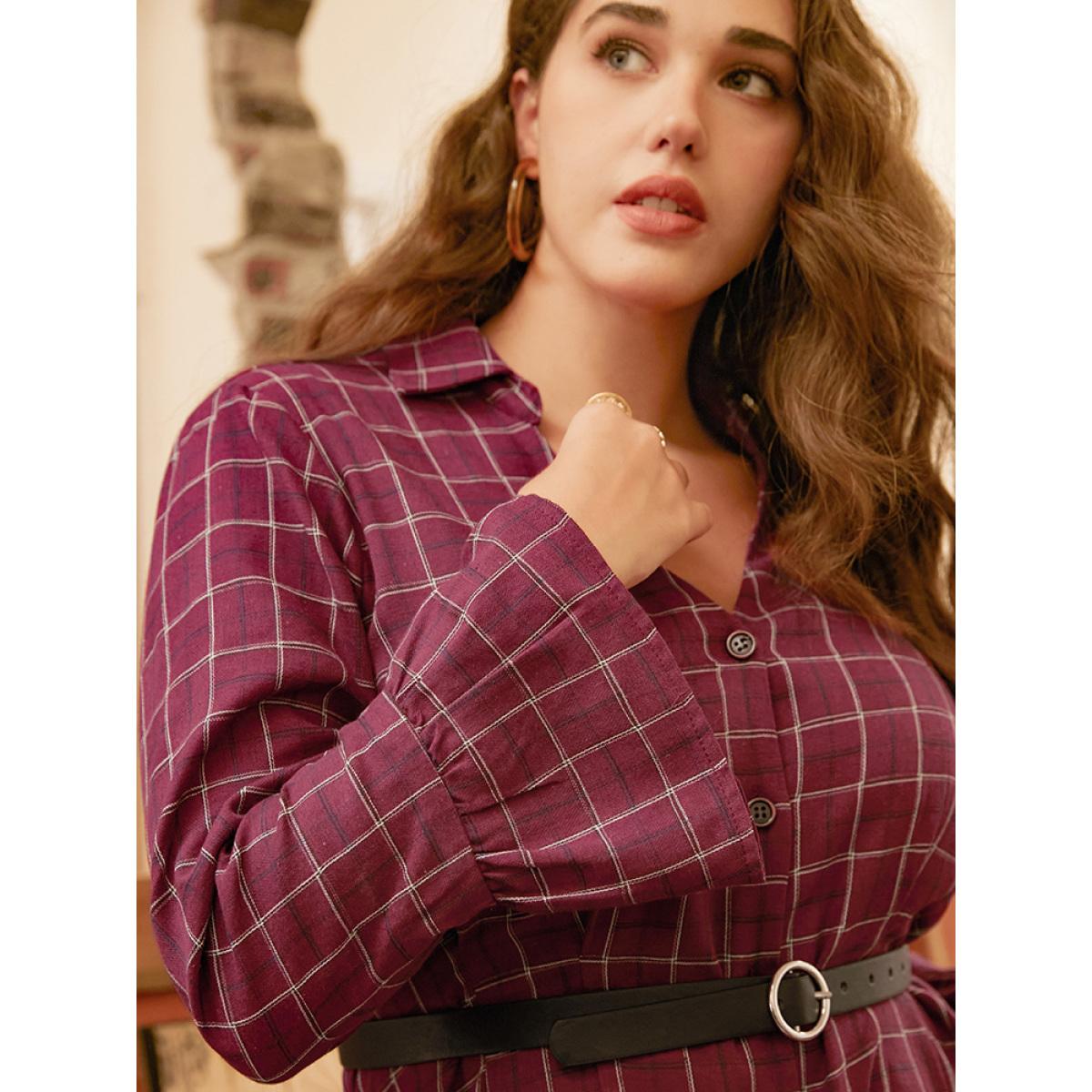 Plus Size Gingham Pocket Button Up Bell Sleeve V Neck Dress Without Belt Russet Women Office Button V-neck Long Sleeve Curvy Midi Dress BloomChic 30/6X Product Image