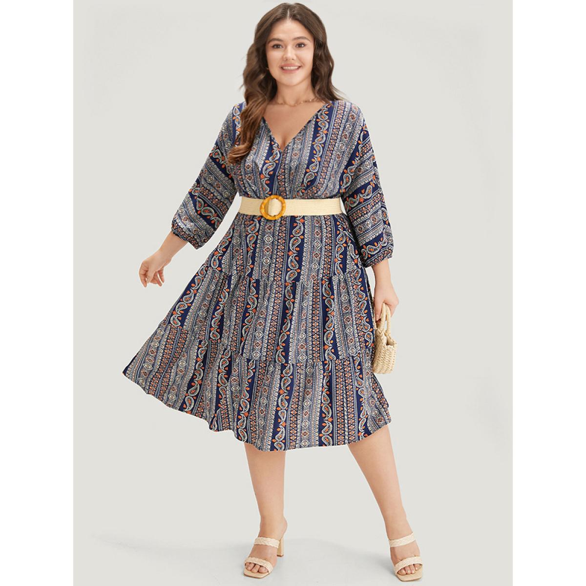Plus Size Bandana Print Elastic Cuffs Layered Hem Dress DarkBlue Women Vacation Elastic cuffs V-neck Elbow-length sleeve Curvy Midi Dress BloomChic 22-24/3X Product Image