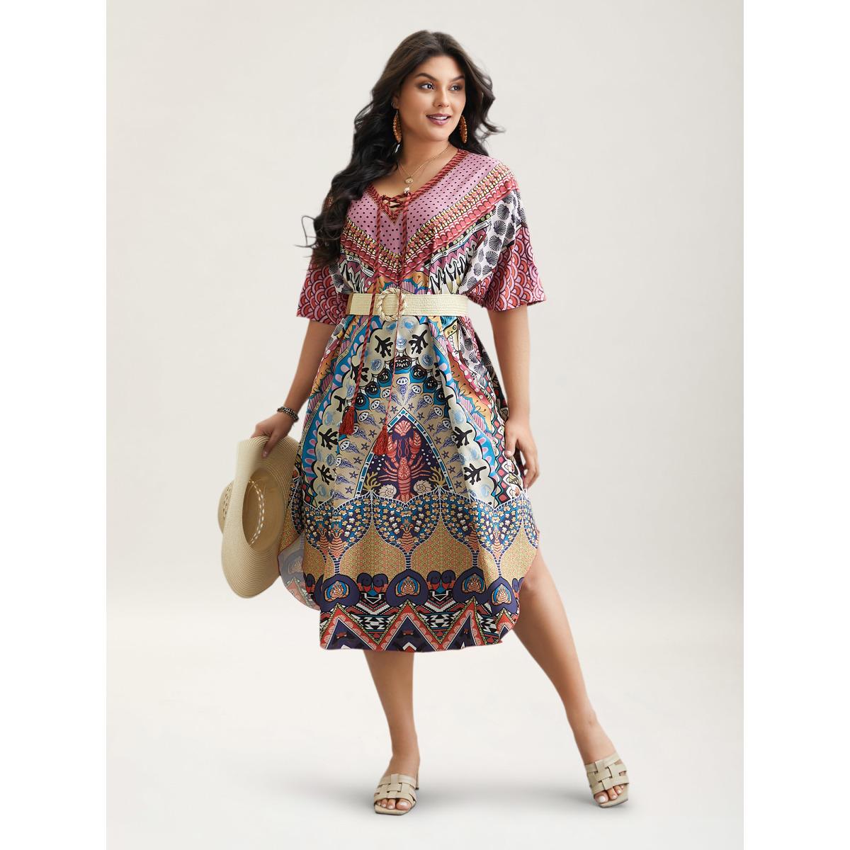 Plus Size Boho Print Ties Slit Curved Hem Midi Dress Cerulean Women Resort Wraparound straps V-neck Half Sleeve Curvy BloomChic 12/L Product Image